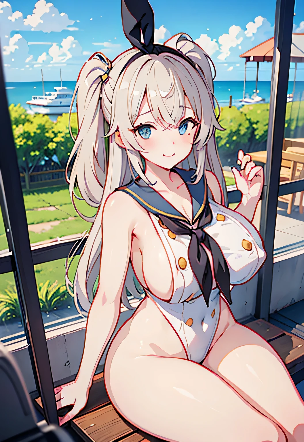 Erotic Anime Illustration、Highest image quality、girl sitting on a ferris wheel、perfect proportions、beautiful eyes、colorful clothes、Overwhelmingly big breasts beyond the norm、Shimakaze、cowboy shot、gentle smile
