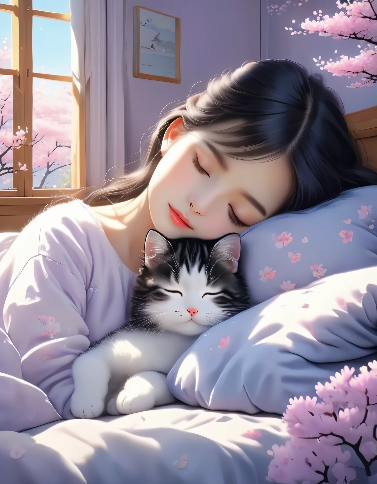 (Best Quality,4K,8K,HD,Masterpiece:1.2),Super Detailed,Realistic:1.37,Illustration,Studio Ghibli Inspired,Bed Scene,(Girl,Black Hair,Lazily Nuzzling Cat Closed Eyes Sleeping in the Morning),Laziness,Adorable,Meticulous Eyes,(Highlighting the expression of fleshy meticulous little lips),Reluctant,Wanting to Sleep,A Lazy Cat,The Essence of Spring,,Spring Flower Trees,Cherry Blossoms,Bright Colors,Warm Sunshine,Soft Lighting,Comfortable Ambience,Vibrant,Youthful. Spring Flower Tree,Spring Flowers,Bright Colors,Warm Sunshine,Soft Lighting,Cozy Atmosphere,Energetic,Youthful.BackgroundBackground:BackgroundBackground BedroomBackground Bedroom Wooden Bed