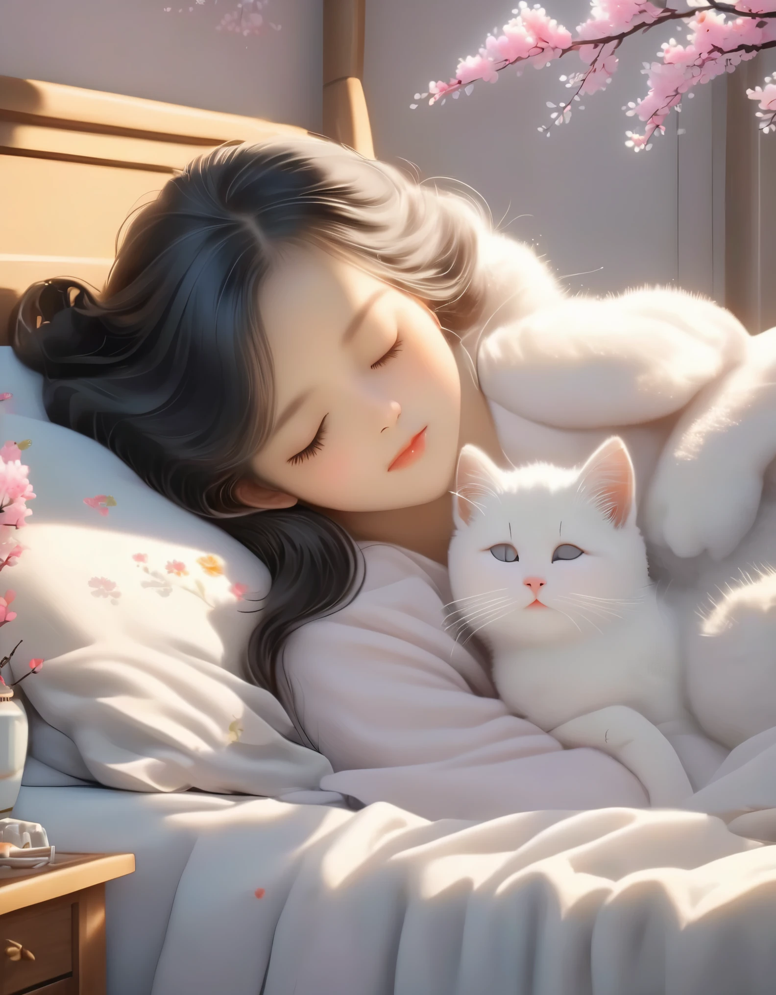 (Best Quality,4K,8K,HD,Masterpiece:1.2),Super Detailed,Realistic:1.37,Illustration,Studio Ghibli Inspired,Bed Scene,(Girl,Black Hair,Lazily Nuzzling Cat Closed Eyes Sleeping in the Morning),Laziness,Adorable,Meticulous Eyes,(Highlighting the expression of fleshy meticulous little lips),Reluctant,Wanting to Sleep,A Lazy Cat,The Essence of Spring,,Spring Flower Trees,Cherry Blossoms,Bright Colors,Warm Sunshine,Soft Lighting,Comfortable Ambience,Vibrant,Youthful. Spring Flower Tree,Spring Flowers,Bright Colors,Warm Sunshine,Soft Lighting,Cozy Atmosphere,Energetic,Youthful.BackgroundBackground:BackgroundBackground BedroomBackground Bedroom Wooden Bed