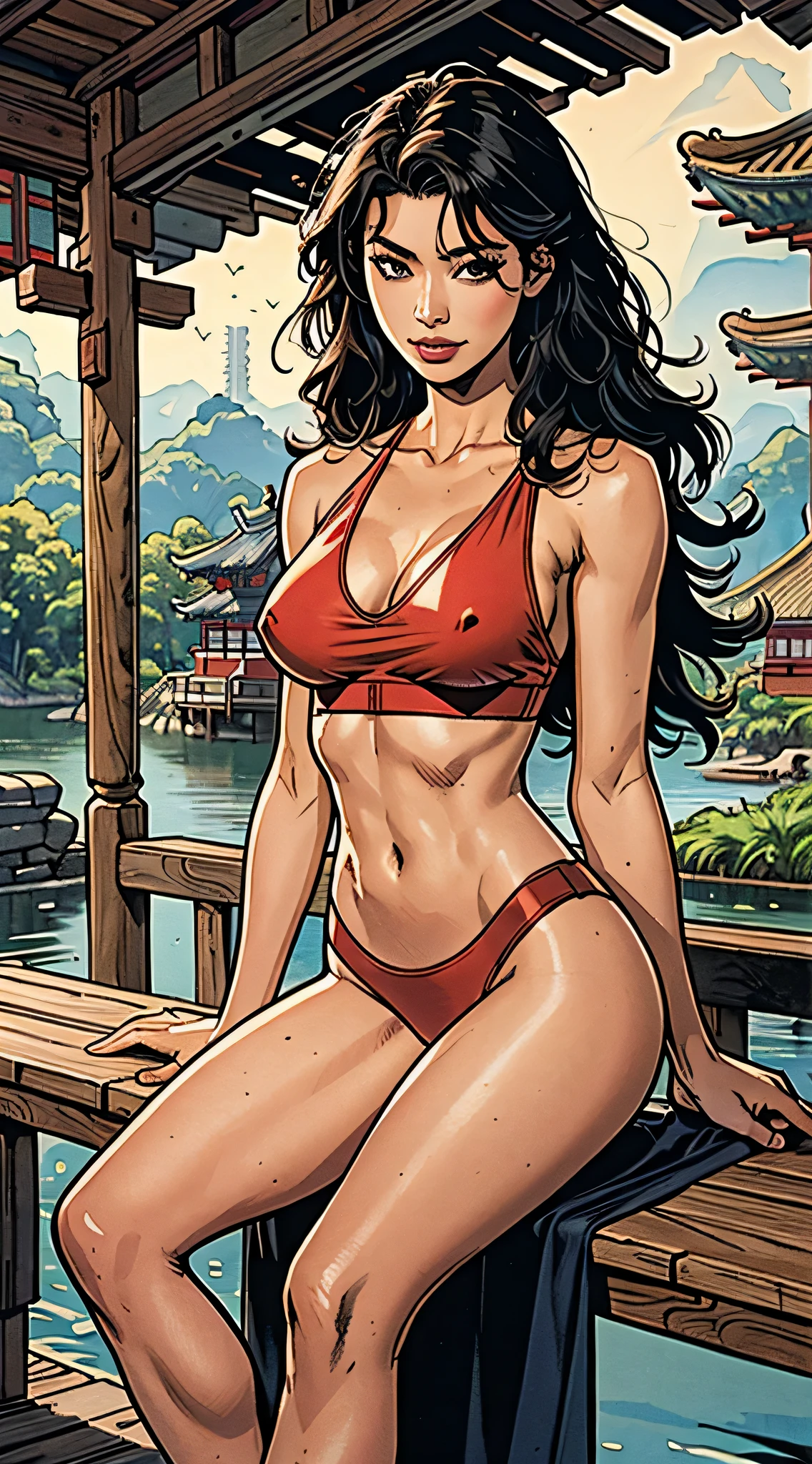 an ((asian:1.4)) woman sitting on a dock reading a book, a photorealistic painting, by Yang J, trending on cg society, fantasy art, wearing a sexy cropped top, anime girl cosplay, cottagecore!! fitness body, asian girl with long hair, yoko matsugane as mai shiranui, young skinny gravure idol (high detailed skin:1.2), 8k uhd, dslr, soft lighting, high quality, volumetric lighting, candid, Photograph, high resolution, 4k, 8k, Bokeh, medium breasts,