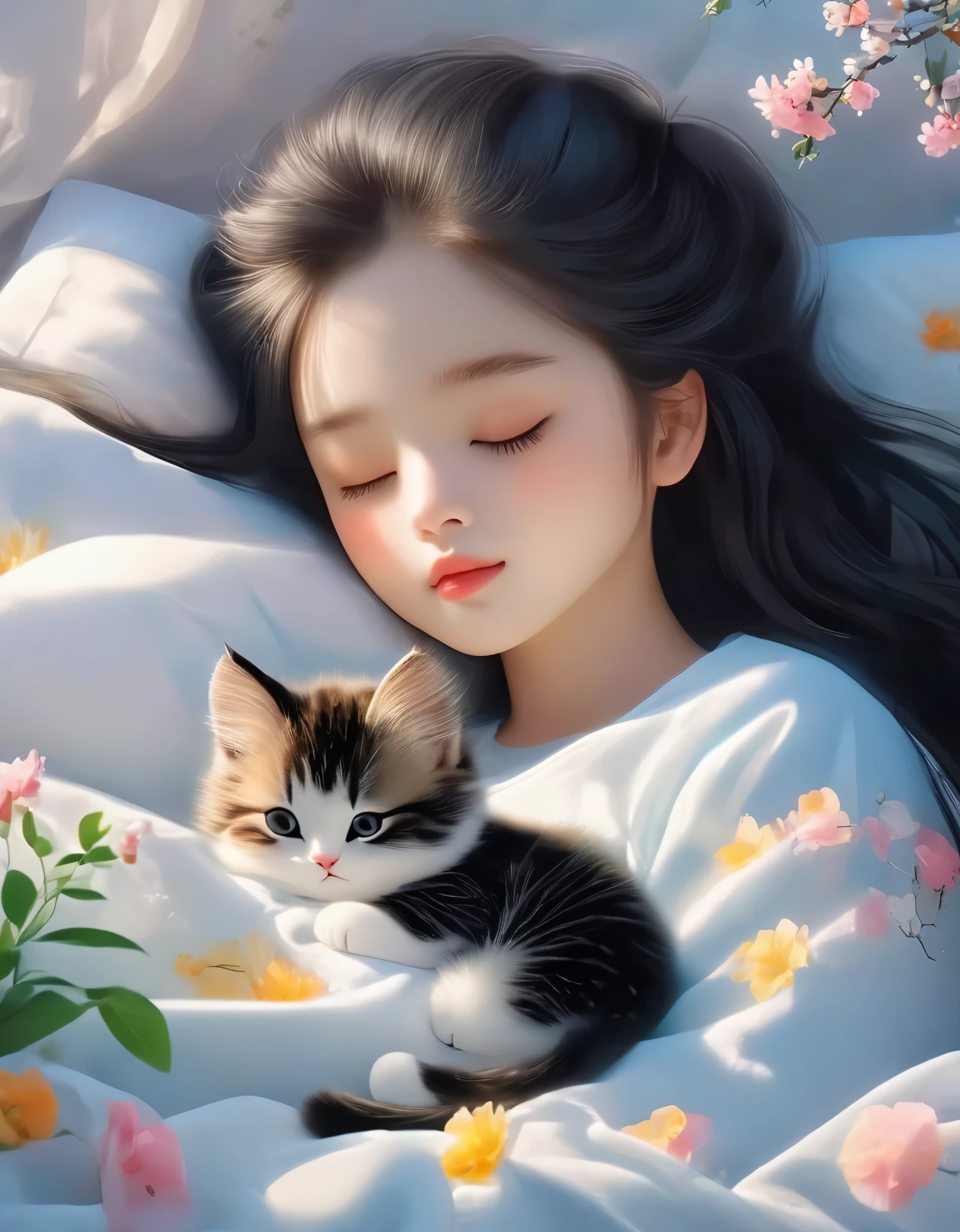 (Best Quality,4K,8K,HD,Masterpiece:1.2),Super Detailed,Realistic:1.37,Illustration,Studio Ghibli Inspired,Bed Scene,(Girl,Black Hair,Lazily Nuzzling Cat Closing Her Eyes While Sleeping In The Morning),Laziness,Adorable,Meticulous Eyes,(Highlighting the expression of fleshy meticulous little lips),Reluctant,Trying To Sleep,A Lazy Cat,The Essence Of Spring,Butterfly Fluttering, Spring Flower Tree, Spring Flowers, Bright Colors, Warm Sunshine, Soft Lighting, Cozy Atmosphere, Energetic, Youthful.