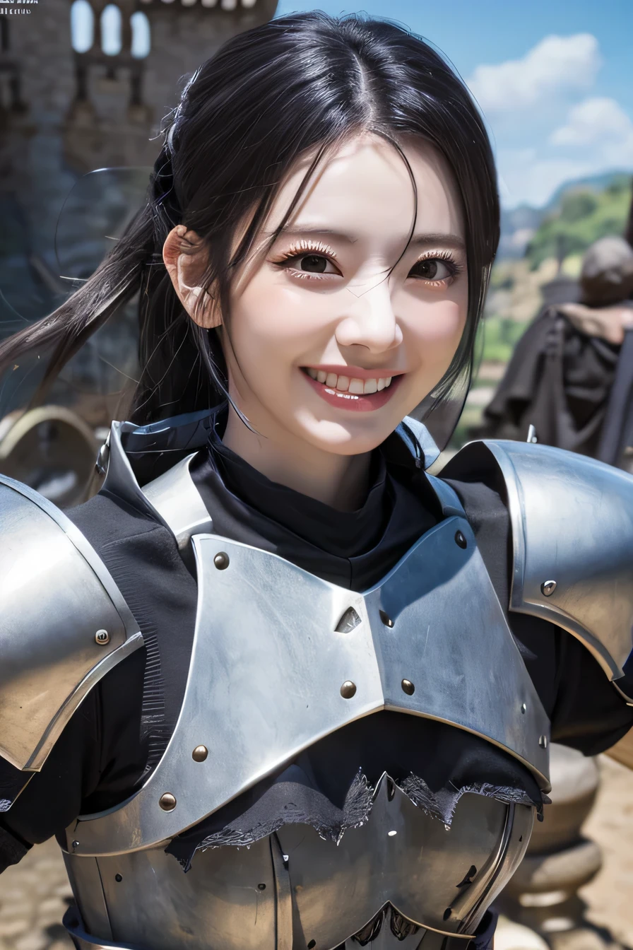 highest resolution, 4k, masterpiece: 1.3), japanese mature, women pictures, sexy, fine eyes, slender body shape, realistic teeth, double eyelid, full body, highest quality, get used to it, equipped with armor, in a fantasy world, The background is a castle、black hair、smile、beautiful teeth、luxurious silver armor、heavy equipment、full body photo、Hold your weapon