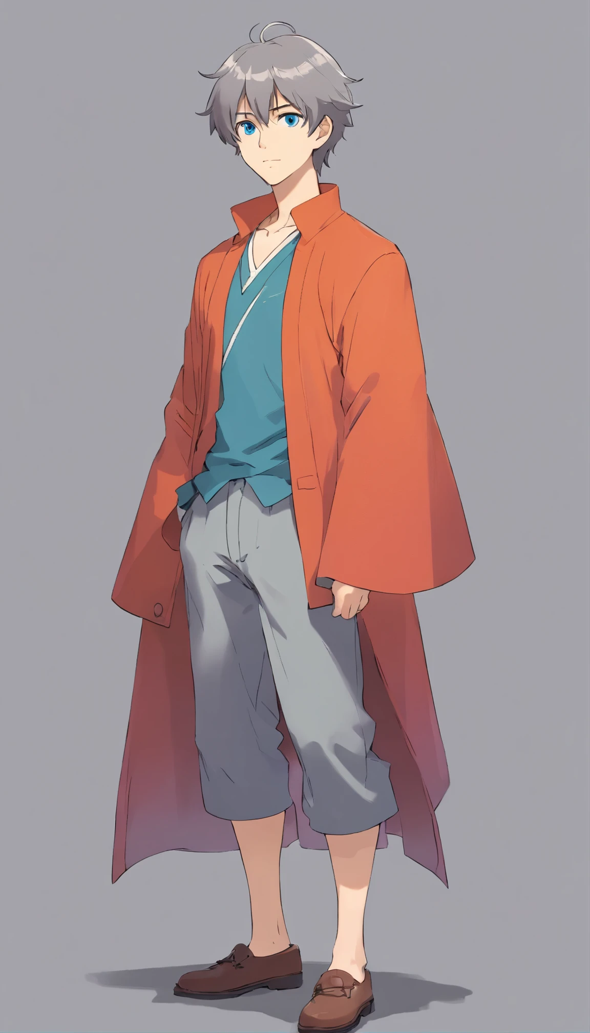 Man ,gray background, full body portrait of a short!, tall anime guy with blue eyes, single character full body, anime full body illustration, kentaro miura art style, flat anime style, character full body portrait, modern anime style, young anime man, fullbody portrait, full-body character portrait