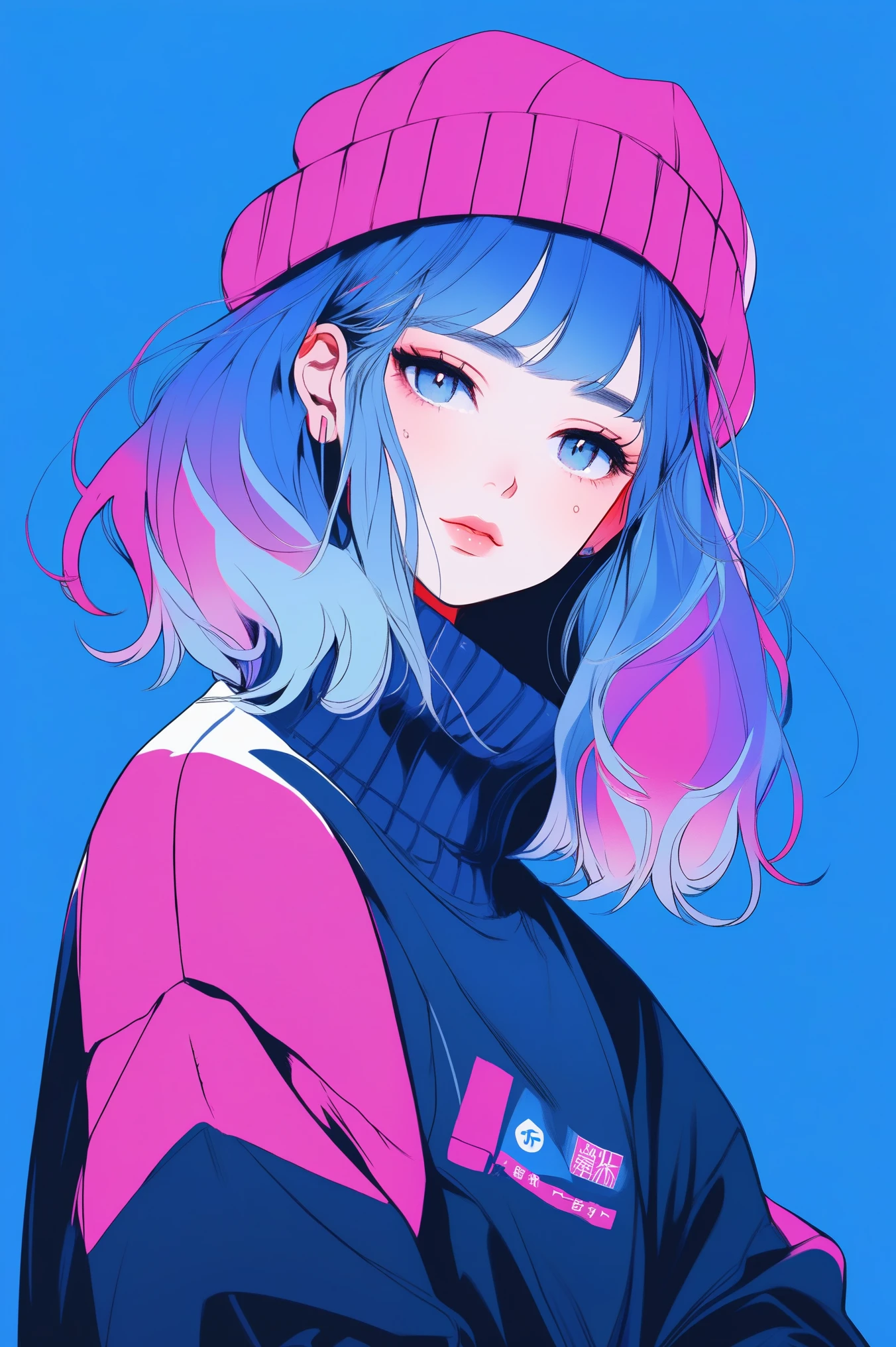 illustrator, anime , realistic ,sketch , 1 girl, ,lip, sweater,order, Blue gradient background, neon hair,Textured trim, Canadian, (masterpiece,Best quality) ganyou