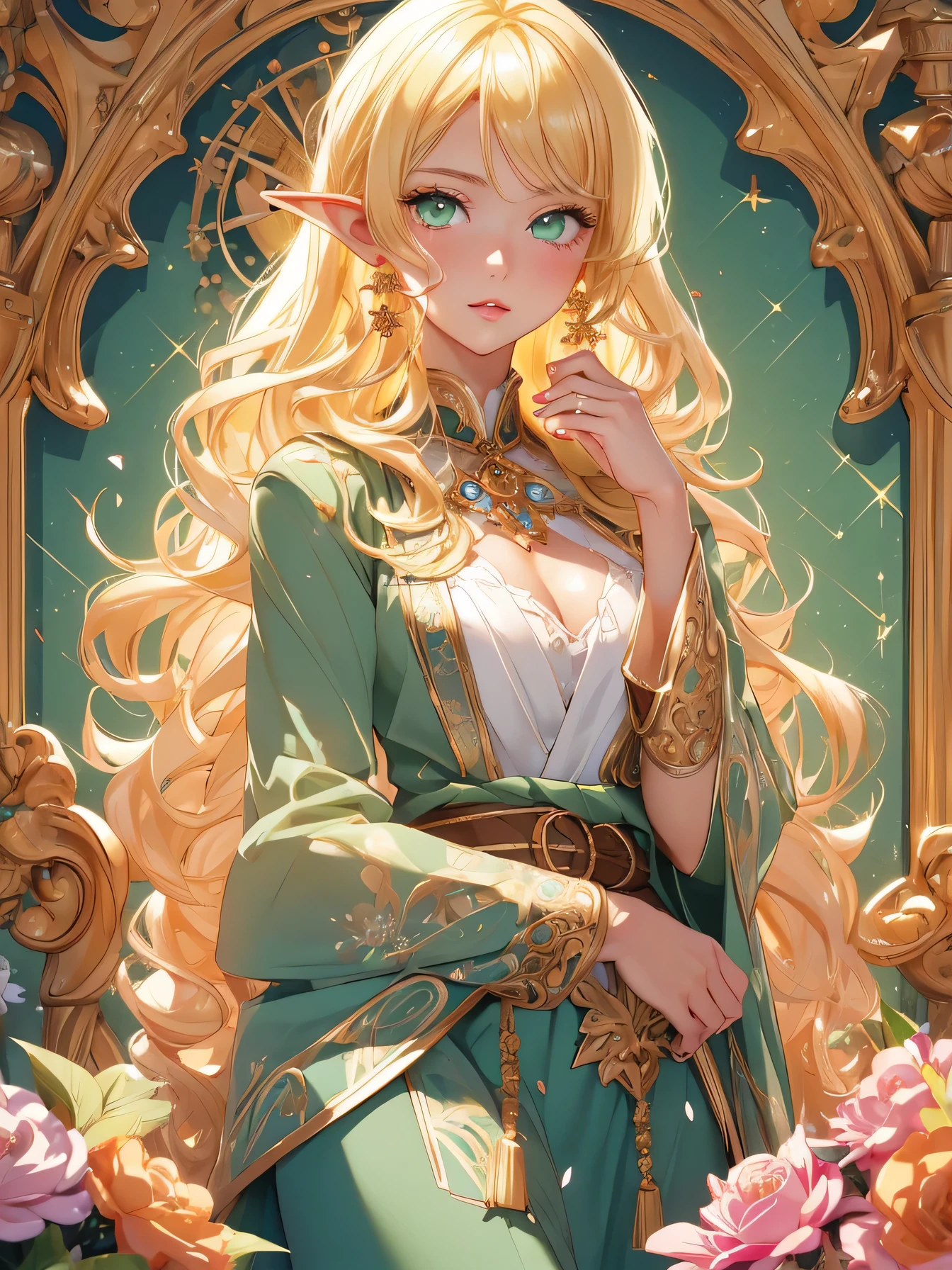 high resolution:1.7, incredibly absurdres, kawaii:1, cute:1.5, hires.fix,anime visual:1,incredibly fine illustration,8k,masterpiece:1.2,best quality, high quality, exquisite, beautiful,insanely detailed, intricate detailed, extremely detailed, Super Definition,ultra high res, Super Resolution, best aesthetic, ultra detailed:1.5,best quality, perfect face, detailed face, masterpiece:1.2, illustration:1.2, 8k cg wallpaper, stunning art,absurdres,octane render,ultra hires,Japanese Actress,(Idol),18yo,Beautiful,(Cute and lovely),cute girl,((anime elf with extremely cute and beautiful blonde hair)),((((blonde hair:1.35,colored inner hair,ear breathing)))),(((green_eyes:1.3))),intricate eyes,beautiful detailed eyes,symmetrical eyes,big eyes:1.5,enchanting bright eyes studded with gold and silver dust,(((pinky skin,glowing_skin,lustrous skin:1.5,bright skin: 1.5,skin tanned,shiny skin,very shiny skin,shiny body,plastic glitter skin,exaggerated shiny skin,illuminated skin))),upward breasts,waist slender,(detailed body,(detailed face)),cute,daring,zettai ryouiki,show skin,best relationship with four fingers and one thumb,Very Fine Face and Eyes,Very Fine Hair,(Perfect ???????),Garter Belt,Bare shoulders,Check out our thru-rack chokers and midi rings with chains,1girl:1.3, (line art:1.3), cute girl, kawaii girl, cute, kawaii, celestial:1.3, long hair, curly hair, loose hair, big hair, dense hair, blonde hair,costume, intricate clockworks dress with long sleeves, simple, affordable, cheap engraving, craftsmanship, (flowers, petals), enticing pose, cubism background, absurdres, highres, ultra detailed,