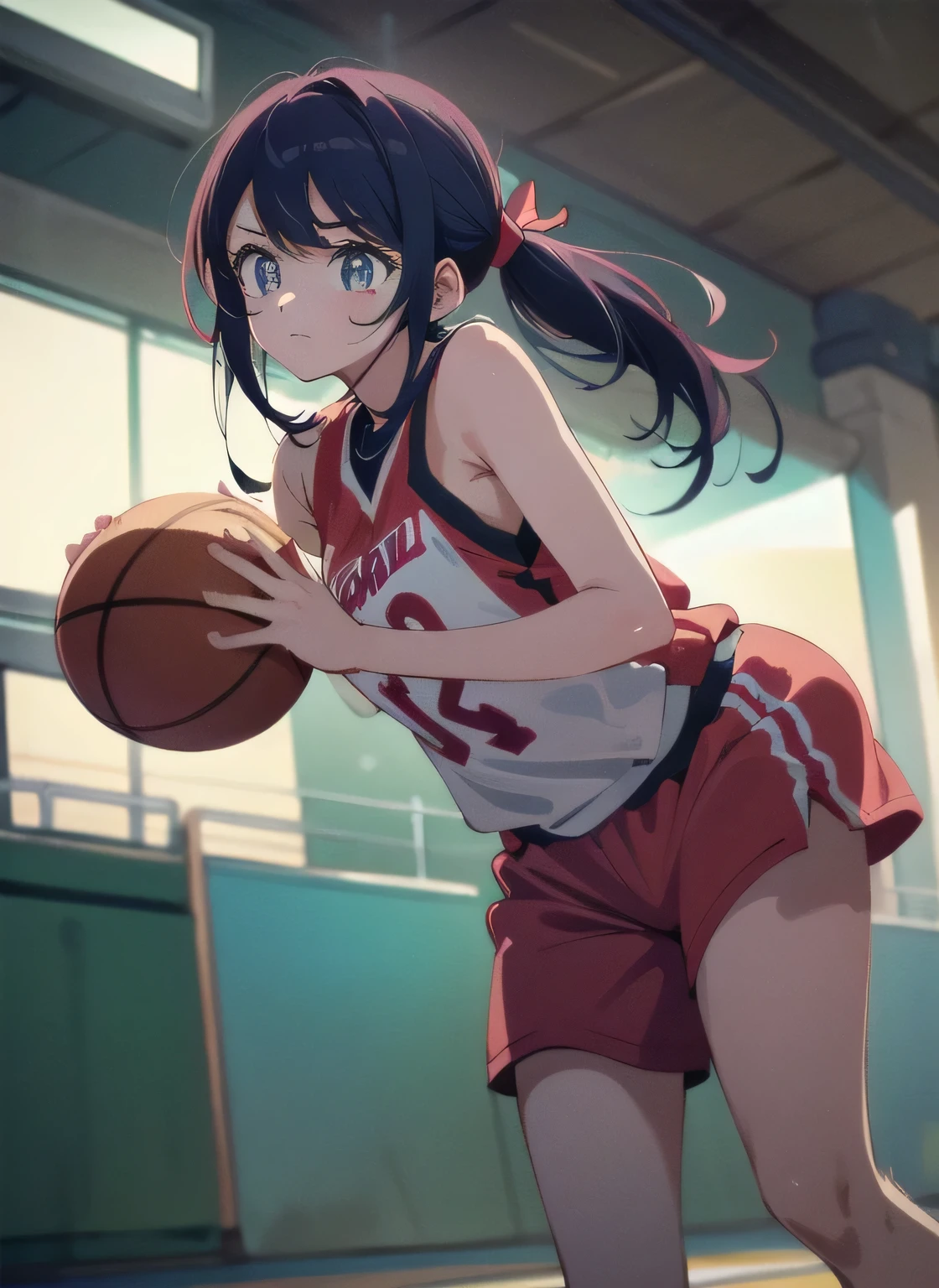 ai hoshino,basketball player, (basketball court background:1.3), sportswear,pony tail,(head to thigh visible:1.4), playing basketball, intense basketball match, ((running while holding basketball)), ((sharp focus)) daytime,indoor lighting,anime style,oshi no ko art style, best quality, unity 8k wallpaper, anatomically correct,  (((masterpiece))), (((best quality))), (((ultra detailed))), (((high-resolution))), ((super fine illustration)), ((Ultimate cutie)), ((detailed beautiful face)), ((perfect hands)), perfect finger, ((perfect eyes)), (((good anatomy))), Solo, One girl,(looking at the screen:1.4), long purple hair, 16 year old five-pointed star in the eyes, medium breasts, ((dribble a beautiful Perfectly spherical 6" basketball with one hand)), speedy moment, good camera angle, ((running))