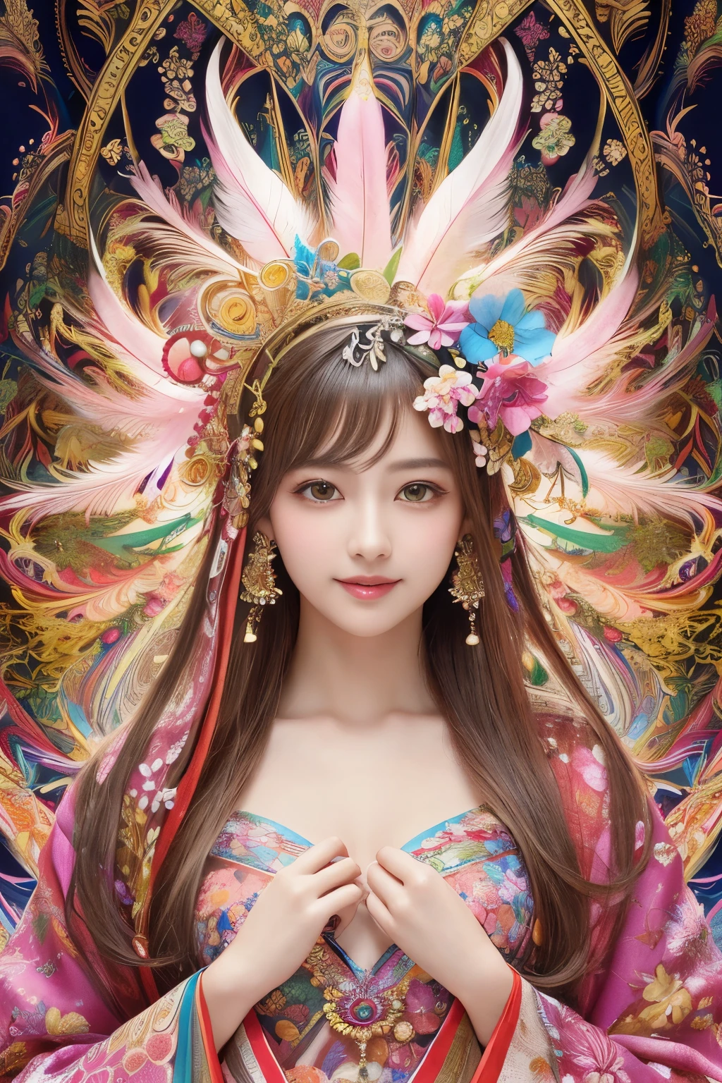 (masterpiece、highest quality、highest quality、official art、beautiful beautiful:1.2)、(1 girl)、very detailed、(fractal art:1.3)、Colorful、most detailed,(Pose with movement:1.4)、Details Beautiful and delicate face、Beautiful details and delicate eyes、very fine resolution, (symmetrical eyes:1.3),((japanese hair)),((natural smile)),Floral,feather