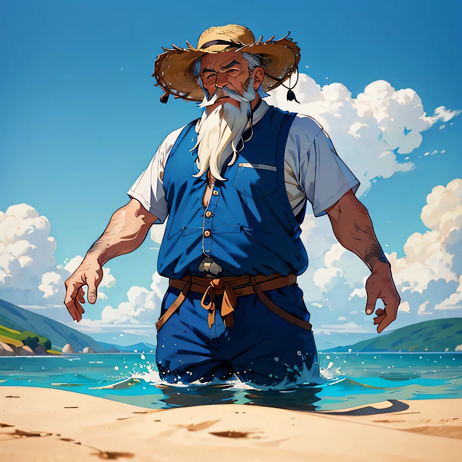 Cartoon character with white beard and blue clothes standing in front of lake, Caleb plays key role, rugged male fisherman, Wearing a big fisherman hat,straw hat,sad expression,my portrait, full body dndportrait, Detailed portrait, human male character art, My character concept portrait, Male character design, Inspired by Clovis Truyer, Inspired by Johannes Helgesson, portrait