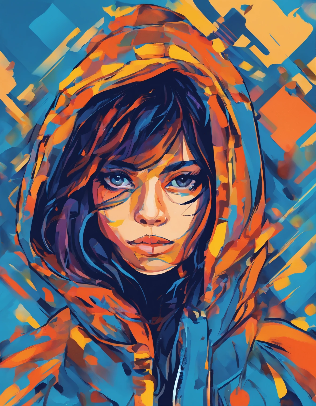 photographie en gros plan, Jeune femme confiante,cheveux de couleur noire,avec les yeux marrons,Wear a blue hoodie. par Monet, well centered image