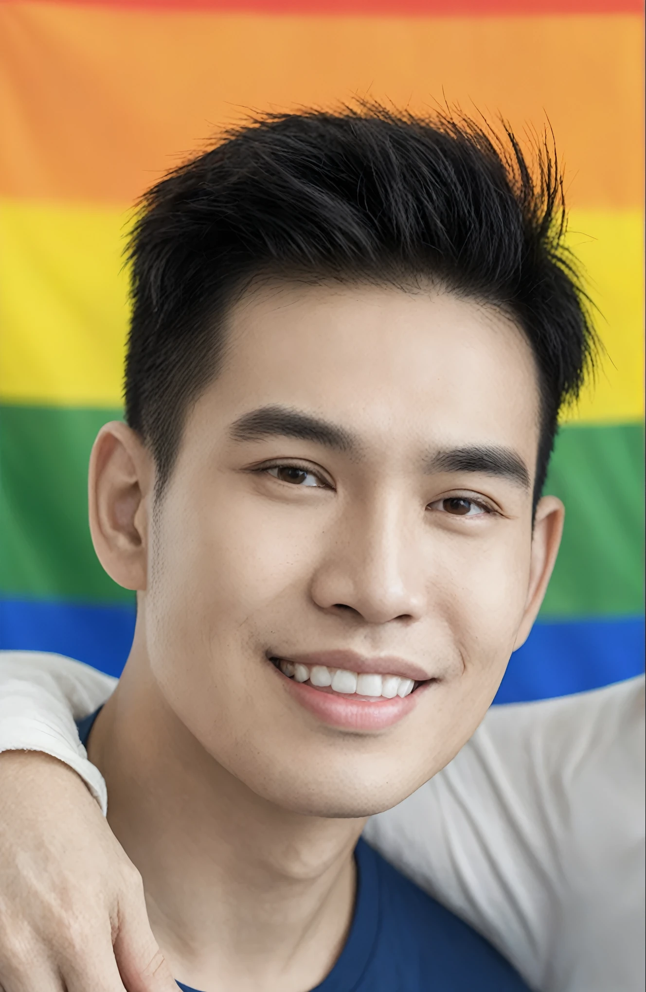 there is a man and woman posing for a picture together, asian male, smiling male, young man with beautiful face, rick dai, lgbt, lgbtq, prideful look, young adult male, portrait close up of guy, 2 , 2 9 years oldp portrait shot, 2 8 years old, half ones pride flag in background