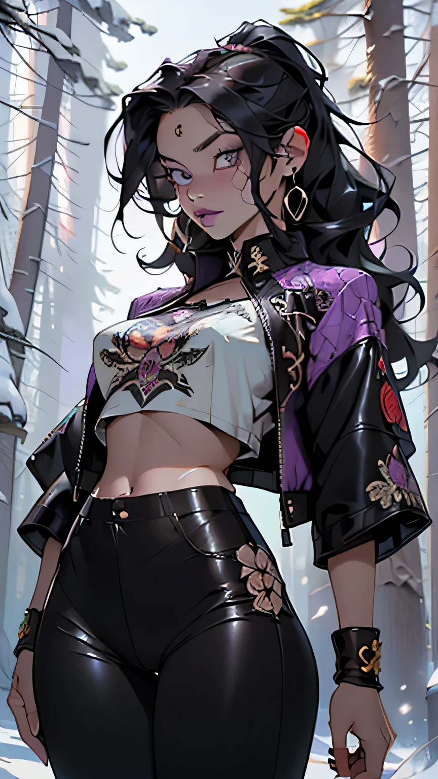goth girl,1girl,((extremely cute and beautiful black haired anime goth girl)),((())),(large breasts:1.2),((((black wavy hair:1.35,absurdly long unkempt hair,messy hair,colored inner hair,ear breathing)))),((heterochromia:1.5, (purple_eye and red_eye))),intricate eyes,beautiful detailed eyes,symmetrical eyes,Big eyes:1.5,((fat)),(((lustrous skin:1.5,bright skin: 1.5,skin tanned,shiny skin,very shiny skin,shiny body,plastic glitter skin,exaggerated shiny skin,illuminated skin))),(spider lower abdomen,narrow waist,wide hip,athletic body,inflated legs,thick thighs,detailed body,(detailed face)),
cute,slutty,seductive,erotic,(nsfw),
zettai ryouiki,revealing clothing,show skin,((printed T-shirt:1.3,bang spikes choker),(navel))),((black leather crop jacket:1.3)),(((micro skirt:1.5,(Extra-short leather skirt),black thong,Very tight thong outline a full shape)))),((purple striped tights:1.5)),(((Black Lips,Goth Accessories))),(((intricate outfit,intricate clothes,embroidered outfit,ornate outfit,embroidered clothes,ornate clothes))),
(dynamic pose:1.0),embarrassed,(centered,scale to fit dimensions,Rule of thirds),
((snowy pine forest)),winter,scenery:1.25,((intricate scenery)),((snow forest background)),Christmas tree,
(Glossy winter ornaments),highres,sharp focus,(ultra detailed,extremely detailed),(photorealistic artwork:1.37),(extremely detailed CG unity 8k wallpaper),(((vibrant colors,vibrant theme))),(intricate),(masterpiece),(best quality),