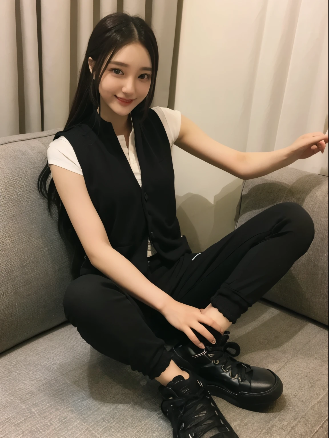 ((best image quality, 8K, master piece:1.3)),(1 girl),long hair wrapped in a shawl,Extra-fine face,detailed eyes,smile,,thin abs,butt facing up,((Blackletter Vest,black long pants,black sneaker shoes,legs are long and thin,,various poses,lying on the sofa,There is a book in front of the sofa.,There is a curtain behind the sofa)),
