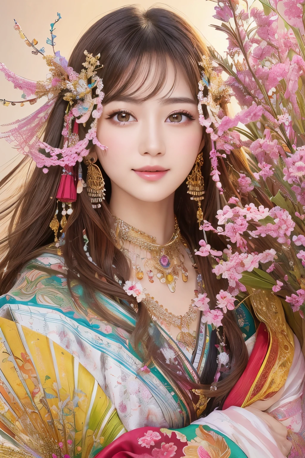 (masterpiece、highest quality、highest quality、official art、beautiful beautiful:1.2)、(1 girl)、very detailed、(fractal art:1.3)、Colorful、most detailed,(Pose with movement:1.4)、Details Beautiful and delicate face、Beautiful details and delicate eyes、very fine resolution, (symmetrical eyes:1.3),((japanese hair)),((natural smile)),Floral,feather