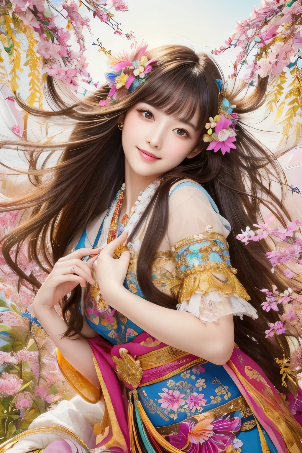 (masterpiece、highest quality、highest quality、official art、beautiful beautiful:1.2)、(1 girl)、very detailed、(fractal art:1.3)、Colorful、most detailed,(Pose with movement:1.4)、Details Beautiful and delicate face、Beautiful details and delicate eyes、very fine resolution, (symmetrical eyes:1.3),((japanese hair)),((natural smile)),Floral,feather