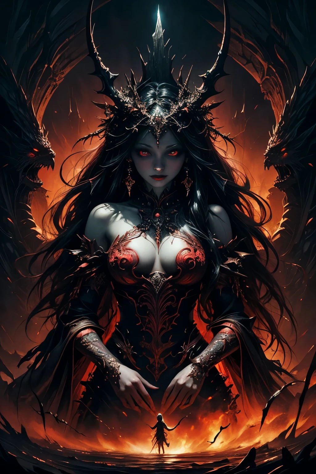 Dark Fantasy Oil Painting of a Monster Girl: A vivid and enchanting portrayal in the realm of dark fantasy, this masterpiece epitomizes the beauty and intricacy of oil painting. The Monster Girl, radiating an ethereal aura, is depicted with highly detailed red skin texture that shines with a hypnotic glow. Her vivid colours leap off the canvas, invoking an eerie yet mesmerizing sensation. Delve deeper into the Depths of Imagination with this Unified, Vast, Detailed, and Cinematic creation. Note: High resolution, Ultra Detailed, Best Quality, Masterpiece, Artwork, Dark, Fantasy, Mon