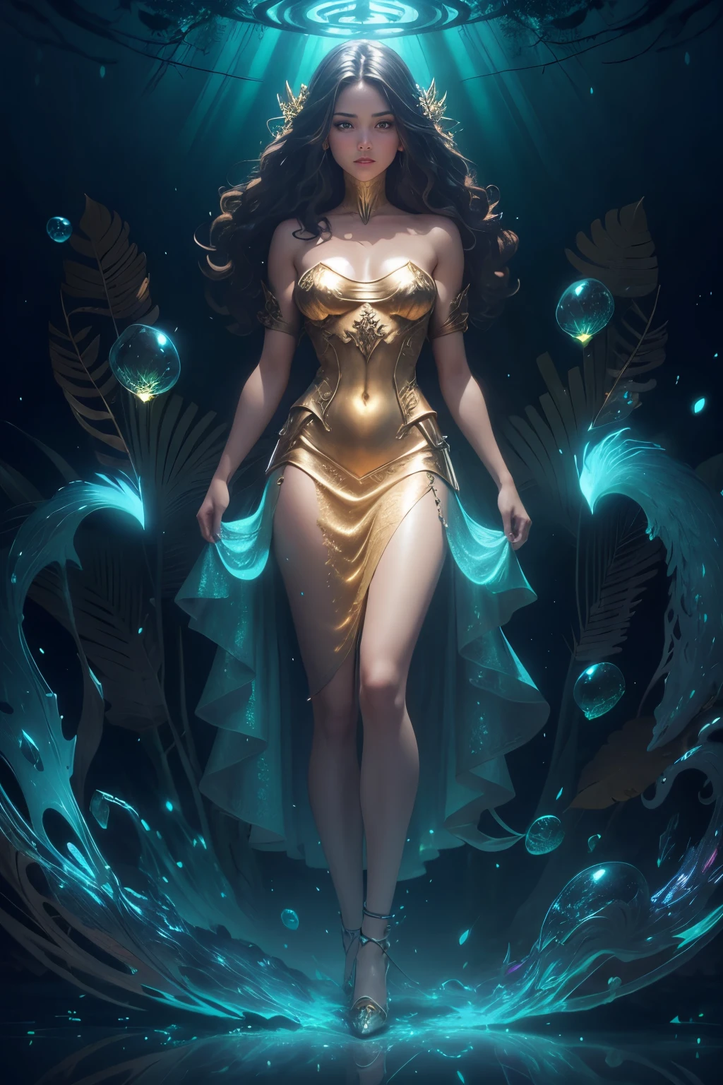 Guardian of the Enchanted Grovean armored woman with iridescent, wing-like pauldrons, standing tall amidst an ethereal grove of towering, luminescent mushrooms, the forest floor covered in sparkling dewdrops, a mystical aura emanating from her presence, the air filled with a soft, golden glow, captured through a hyper-realistic digital painting with a focus on intricate details and a seamless blend of natural and magical elements, rendered using a combination of Blender and Photoshop.