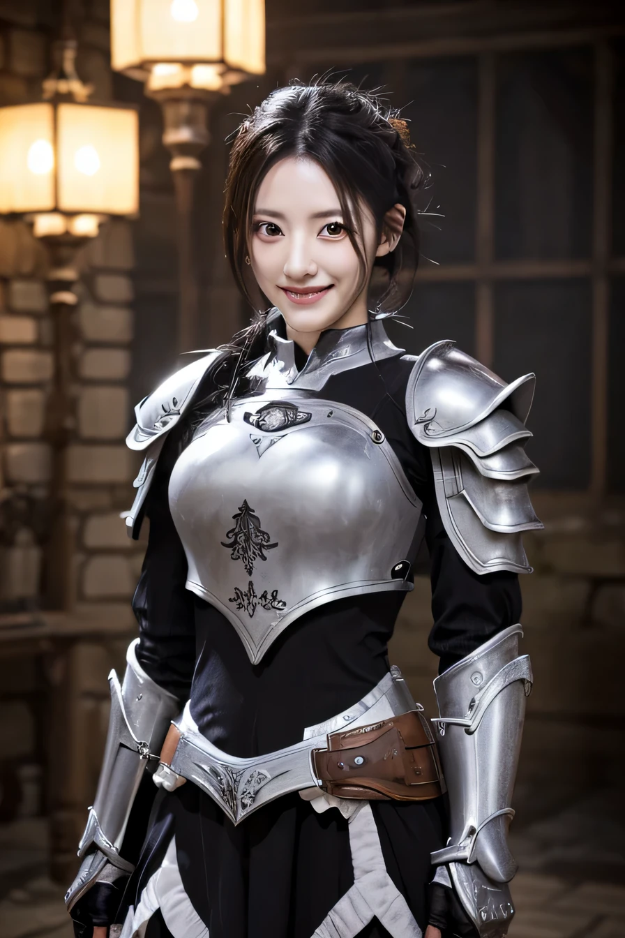 highest resolution, 4k, masterpiece: 1.3), japanese mature, women pictures, sexy, fine eyes, slender body shape, realistic teeth, double eyelid, full body, highest quality, get used to it, equipped with armor, in a fantasy world, The background is a castle、black hair、smile、beautiful teeth、luxurious silver armor、heavy equipment、full body photo、Hold your weapon