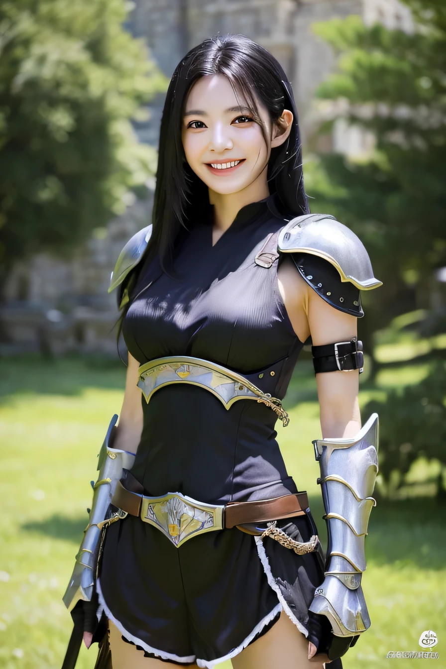 highest resolution, 4k, masterpiece: 1.3), japanese mature, women pictures, sexy, fine eyes, slender body shape, realistic teeth, double eyelid, full body, highest quality, get used to it, equipped with armor, in a fantasy world, The background is a castle、black hair、smile、beautiful teeth、luxurious silver armor、heavy equipment、full body photo、Hold your weapon