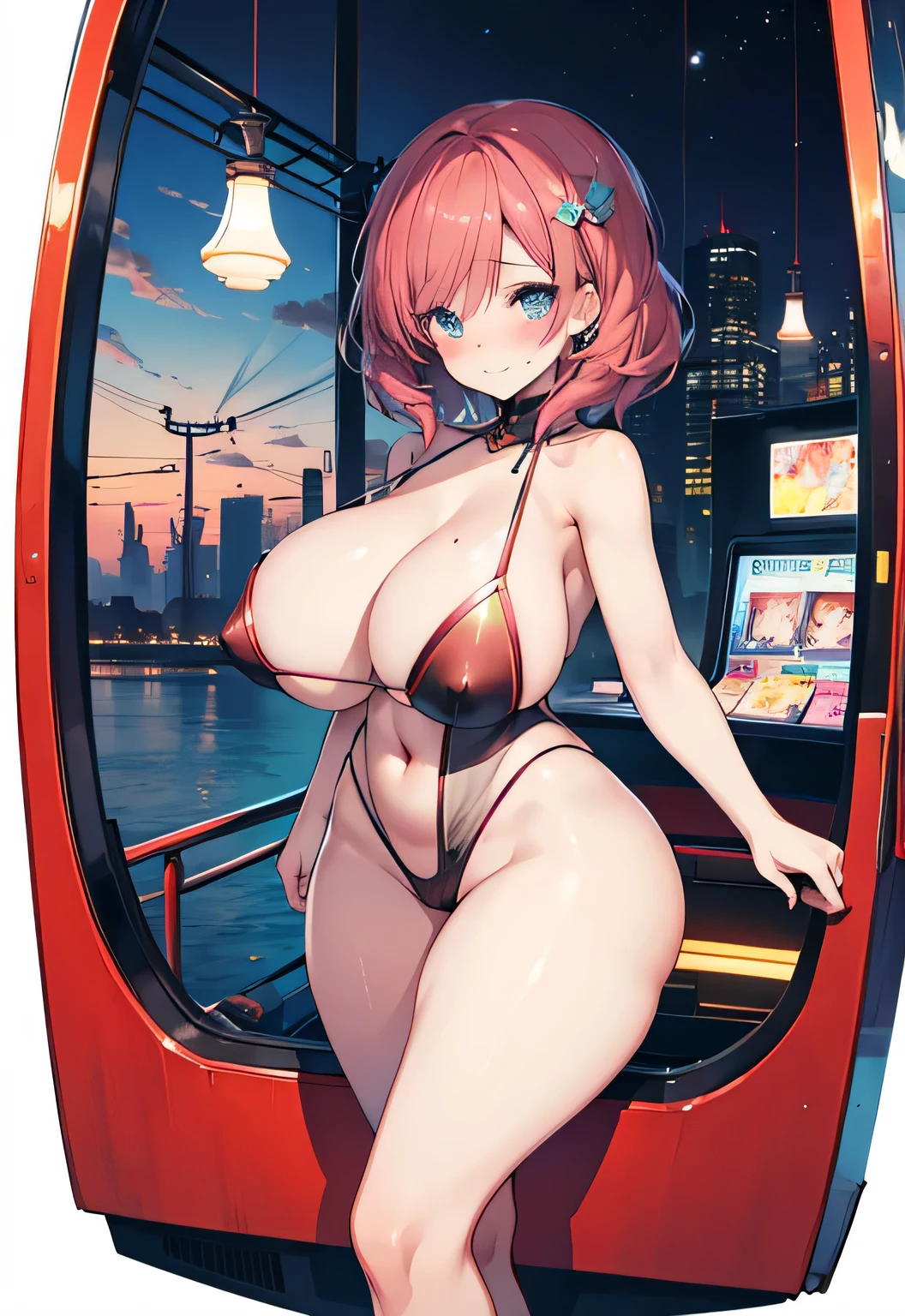 Erotic Anime Illustration、Highest image quality、Girl exposed naked on Ferris wheel gondola、perfect proportionoist eyes、Overwhelmingly big breasts beyond the norm、thick legaki Nishikino、blush and feel ashamed、smile