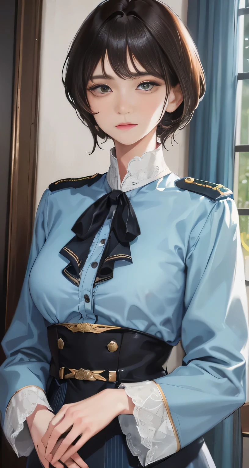 Best quality, solo presentation, one mature woman, masterpiece, intricately detailed, semi-realistic rendering, black short hair, bangs framing her face, exquisite facial features with gentle yet authoritative and powerful expressions, aged 18 years old, gentle demeanor, clad in a light blue military uniform with indoors background, high resolution and distinct image.