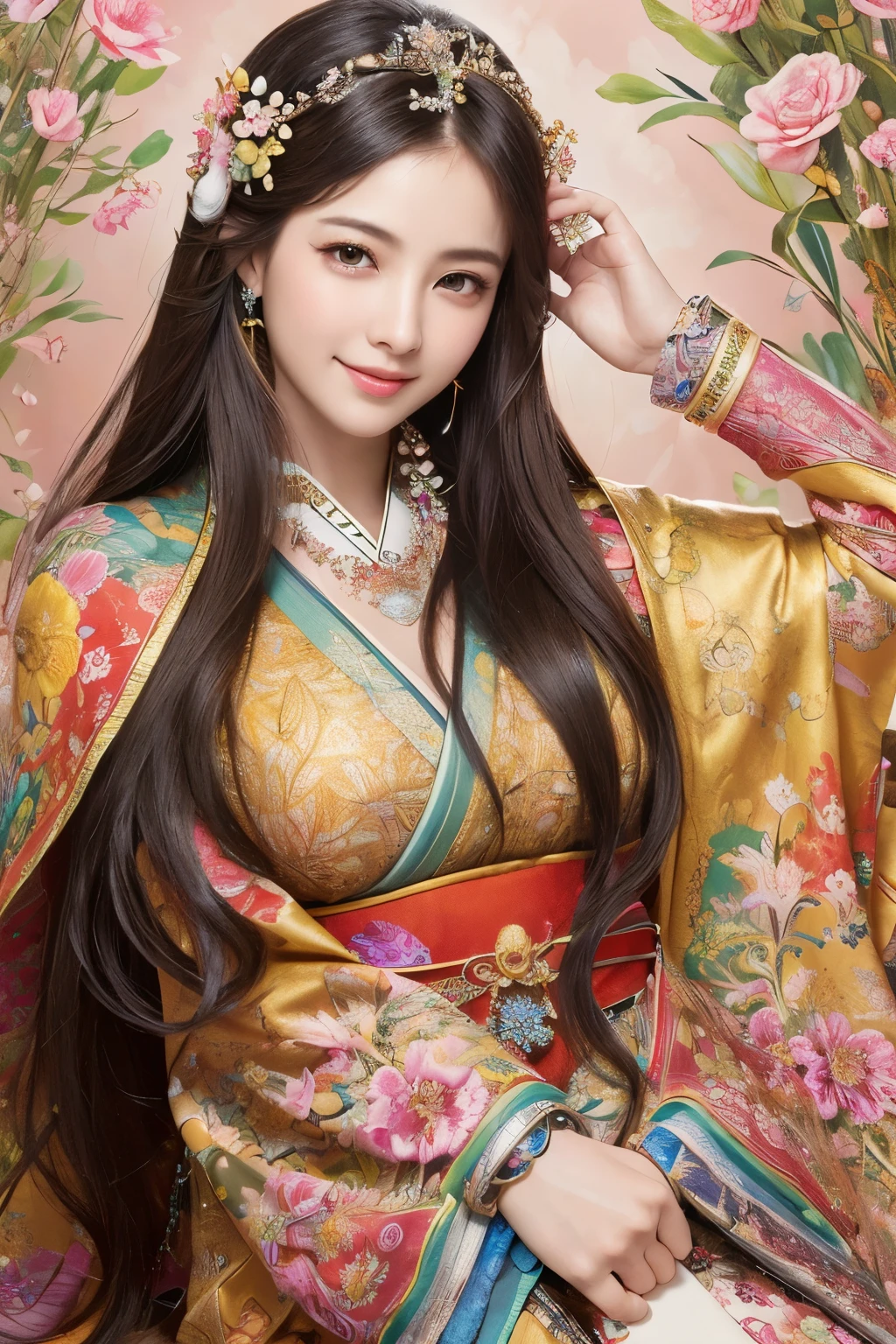 (masterpiece、highest quality、highest quality、official art、beautiful beautiful:1.2)、(1 girl)、very detailed、(fractal art:1.3)、Colorful、most detailed,(Pose with movement:1.4)、Details Beautiful and delicate face、Beautiful details and delicate eyes、very fine resolution, (symmetrical eyes:1.3),((japanese hair)),((natural smile)),Floral,feather