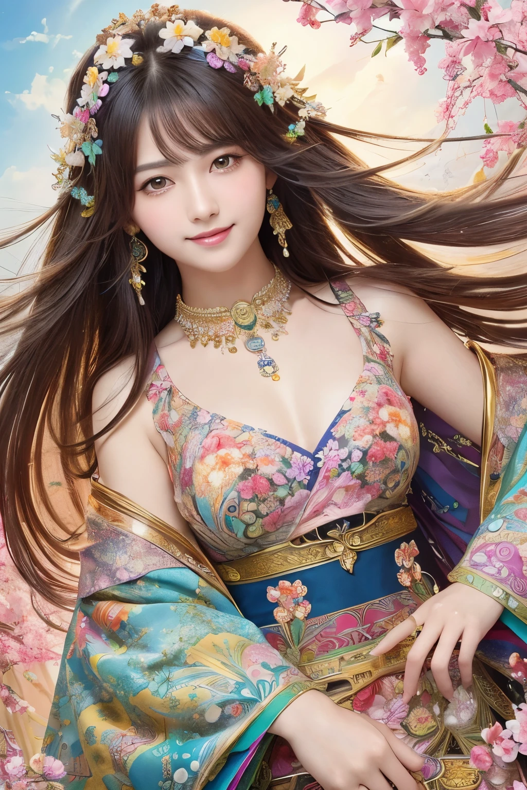 (masterpiece、highest quality、highest quality、official art、beautiful beautiful:1.2)、(1 girl)、very detailed、(fractal art:1.3)、Colorful、most detailed,(Pose with movement:1.4)、Details Beautiful and delicate face、Beautiful details and delicate eyes、very fine resolution, (symmetrical eyes:1.3),((japanese hair)),((natural smile)),Floral,feather