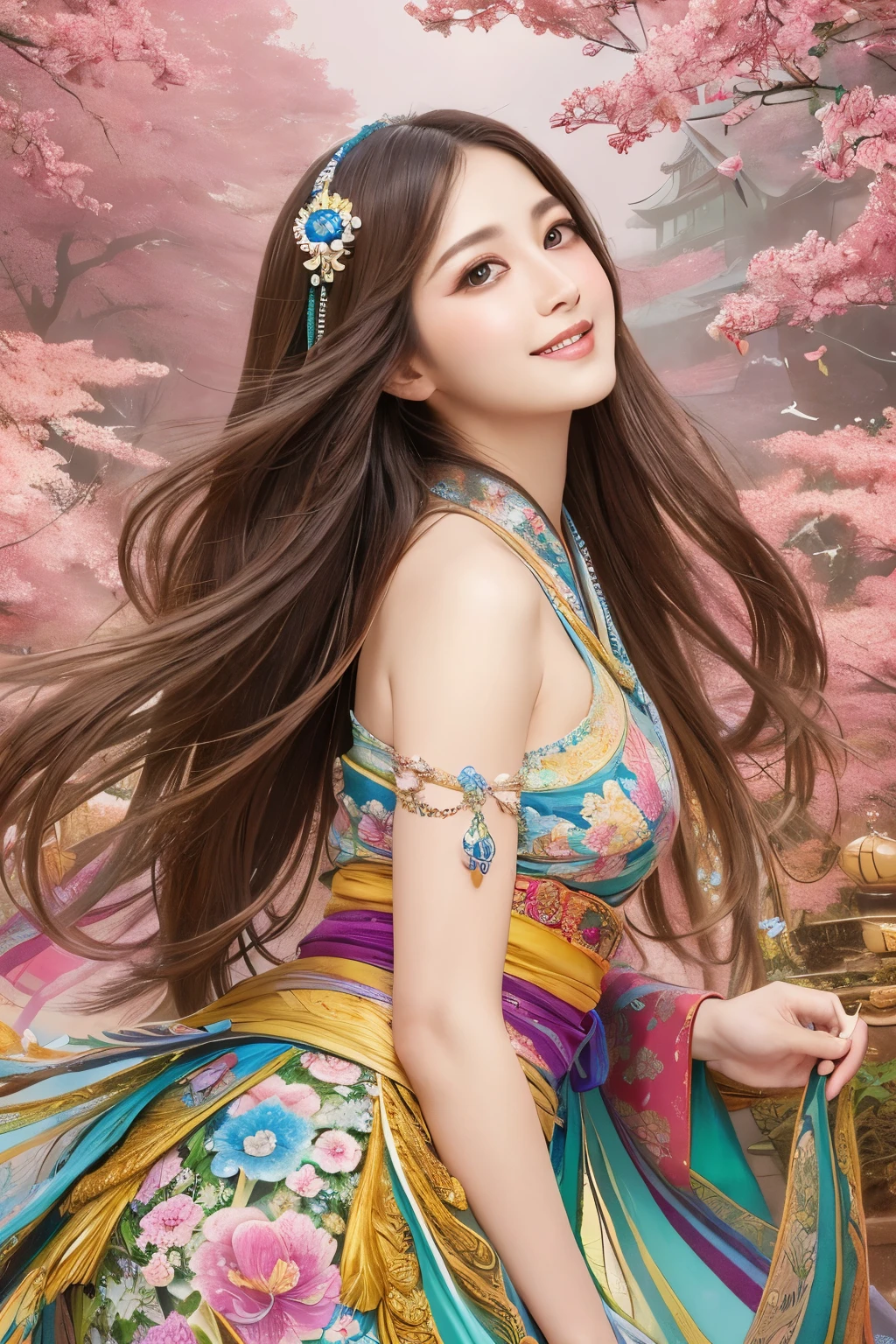(masterpiece、highest quality、highest quality、official art、beautiful beautiful:1.2)、(1 girl)、very detailed、(fractal art:1.3)、Colorful、most detailed,(Pose with movement:1.4)、Details Beautiful and delicate face、Beautiful details and delicate eyes、very fine resolution, (symmetrical eyes:1.3),((japanese hair)),((natural smile)),Floral,feather