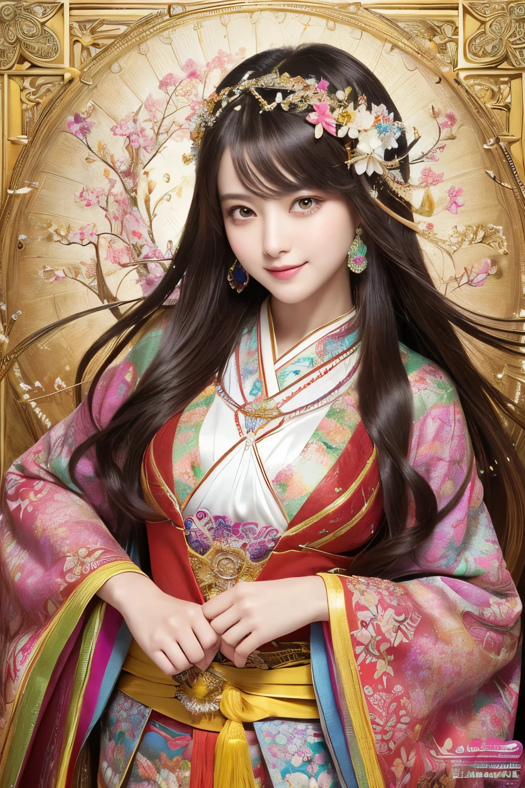 (masterpiece、highest quality、highest quality、official art、beautiful beautiful:1.2)、(1 girl)、very detailed、(fractal art:1.3)、Colorful、most detailed,(Pose with movement:1.4)、Details Beautiful and delicate face、Beautiful details and delicate eyes、very fine resolution, (symmetrical eyes:1.3),((japanese hair)),((natural smile)),Floral,feather