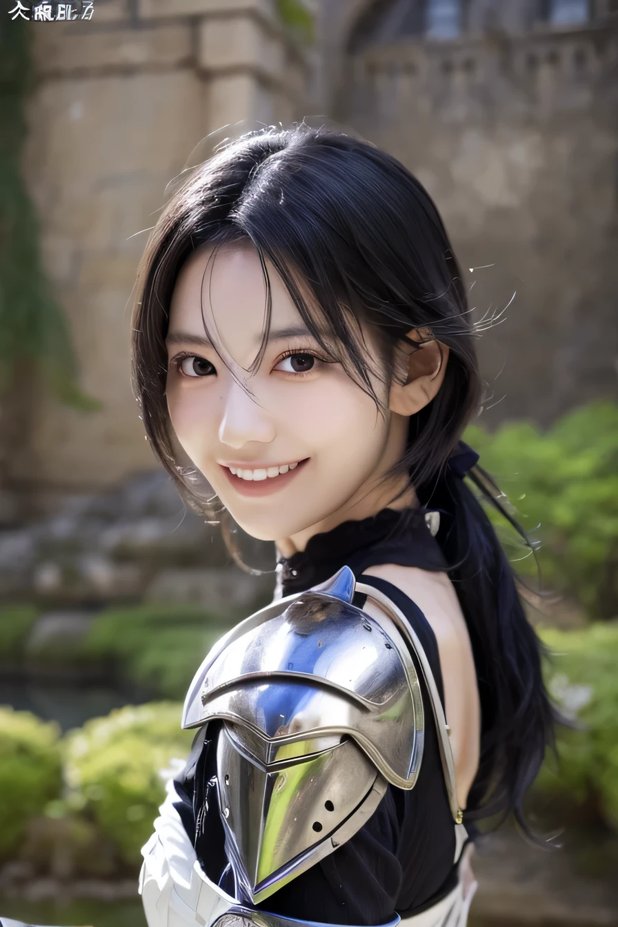 highest resolution, 4k, masterpiece: 1.3), japanese mature, women pictures, sexy, fine eyes, slender body shape, realistic teeth, double eyelid, full body, highest quality, get used to it, equipped with armor, in a fantasy world, The background is a castle、black hair、smile、beautiful teeth、luxurious silver armor、heavy equipment、full body photo、Hold your weapon、hairstyle short cut、