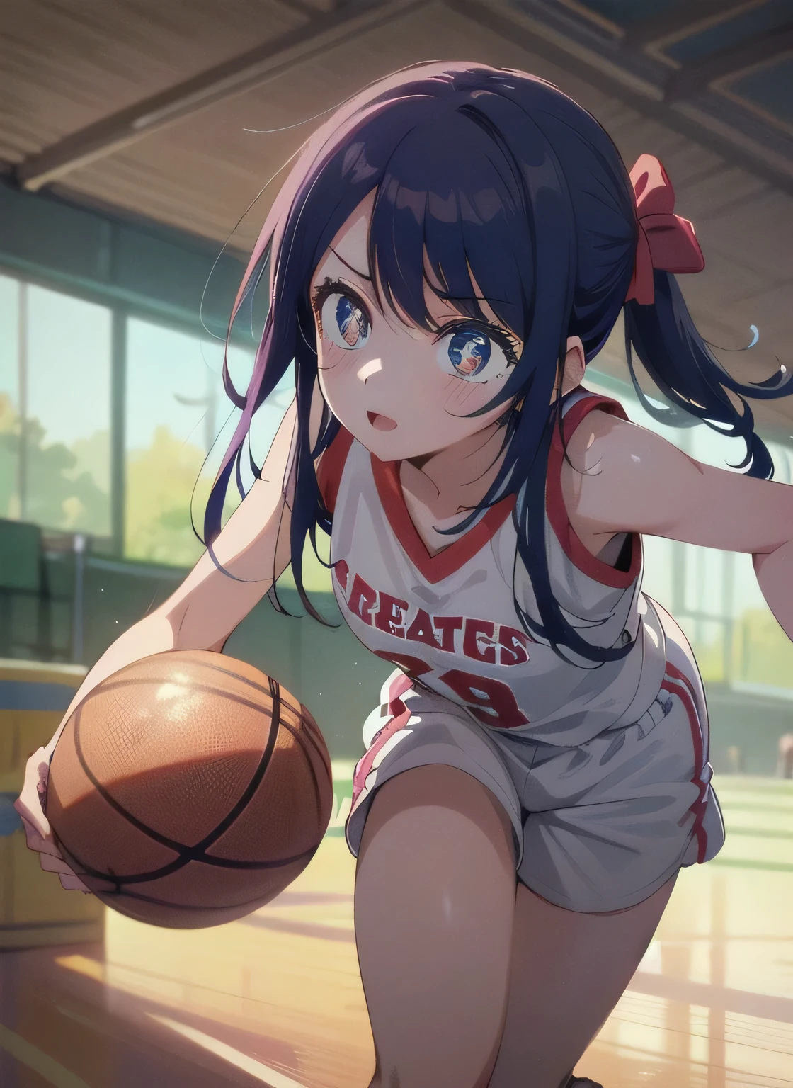 ai hoshino,basketball player, (basketball court background:1.3), sportswear,pony tail,(head to thigh visible:1.4), playing basketball, intense basketball match, ((running while holding basketball)), ((sharp focus)) daytime,indoor lighting,anime style,oshi no ko art style, best quality, unity 8k wallpaper, anatomically correct, (((masterpiece))), (((best quality))), (((ultra detailed))), (((high-resolution))), ((super fine illustration)), ((Ultimate cutie)), ((detailed beautiful face)), ((perfect hands)), perfect finger, ((perfect eyes)), (((good anatomy))), Solo, One girl,(looking at the screen:1.4), long purple hair, five-pointed star in the eyes, medium breasts, ((dribble a beautiful Perfectly spherical 6" basketball with one hand)), speedy moment, good camera angle, ((running))