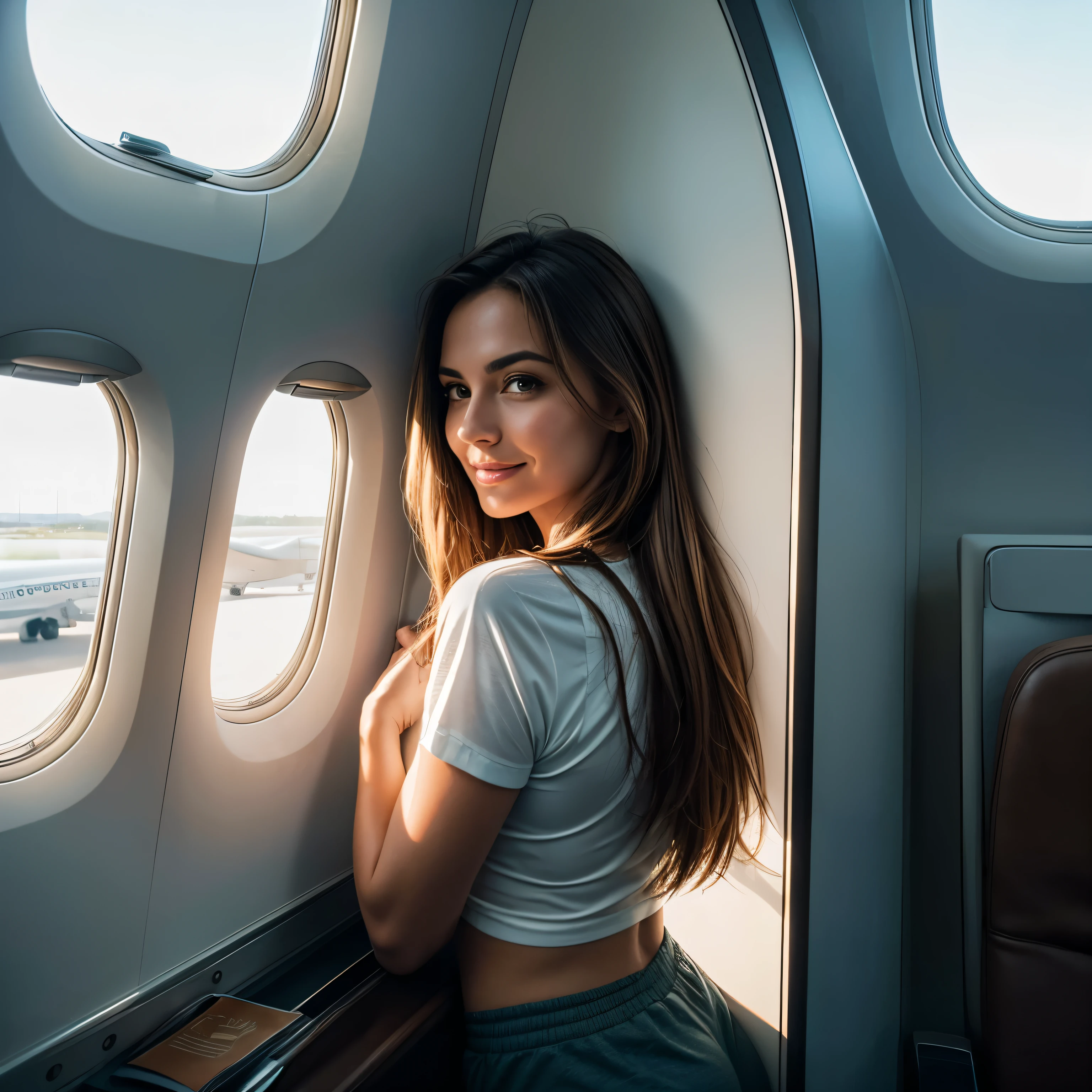 1 woman, Italian, brown long hair beautiful, ((photo from distance, happy)), shotting inside of the airport, Beautiful backlight, infront of airport window, planes in the background,Masterpiece, Best Quality, Ultra-detailed, Solo, interior, (white light from top), new york JFK airport, clear skies, cheerful, happy,, with small suitcase, you can see planes taking off in the background behind the glass window.., large window, fullsize window, no wall just window, contrast, clear skies, analog style (looking out the window on airplanes:1.2) (skin texture) (film grain:1.3), (warm hue, warm tone:1.2), close-up, Cinematic light, Sidelighting, The ultra-Highres, best shadows, ..raw, upper half body, wearing t shirt and relaxed fit joggers, Relaxed photos, brown hairs,