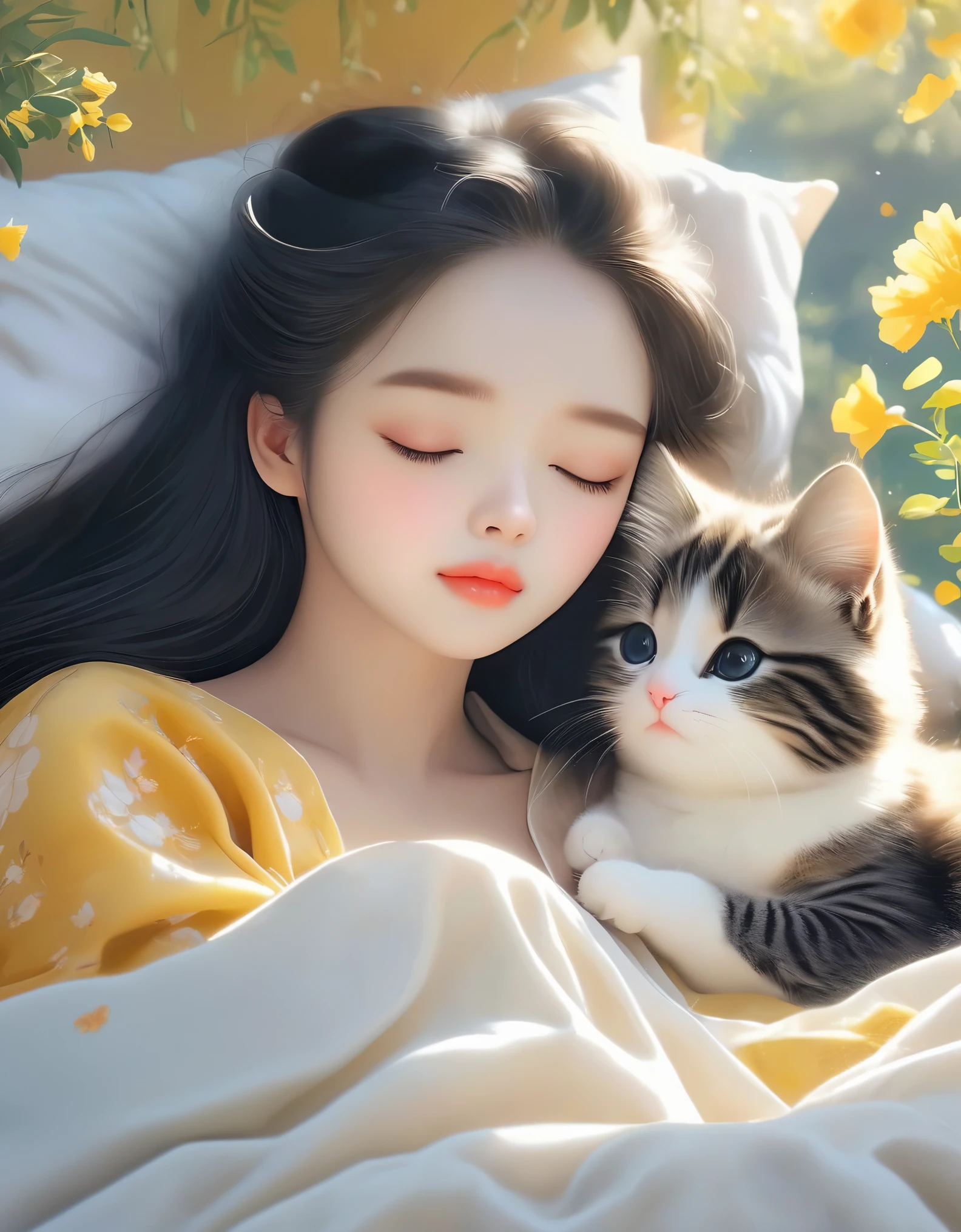 (Best Quality,4K,8K,HD,Masterpiece:1.2),Super Detailed,Realistic:1.37,Illustration,Studio Ghibli Inspired,Bed Scene,(Girl,Black Hair,Lazily Nuzzling a Lazy Cat Closing Her Eyes in the Morning),Laziness,Lovely,Meticulous Eyes,(Highlighting the Expression of the Girl's Fleshy Meticulous Little Lips),Reluctant,Trying to Sleep,The Essence of Spring,Butterfly Fluttering Spring flowers, spring trees, spring flowers, bright colors, warm sunshine, soft lights, comfortable atmosphere, vibrant, youthful.