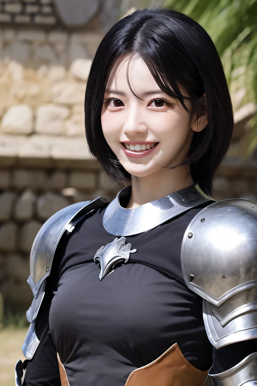 highest resolution, 4k, masterpiece: 1.3), japanese mature, women pictures, sexy, fine eyes, slender body shape, realistic teeth, double eyelid, full body, highest quality, get used to it, equipped with armor, in a fantasy world, The background is a castle、black hair、smile、beautiful teeth、luxurious silver armor、heavy equipment、full body photo、Hold your weapon、hairstyle short cut、