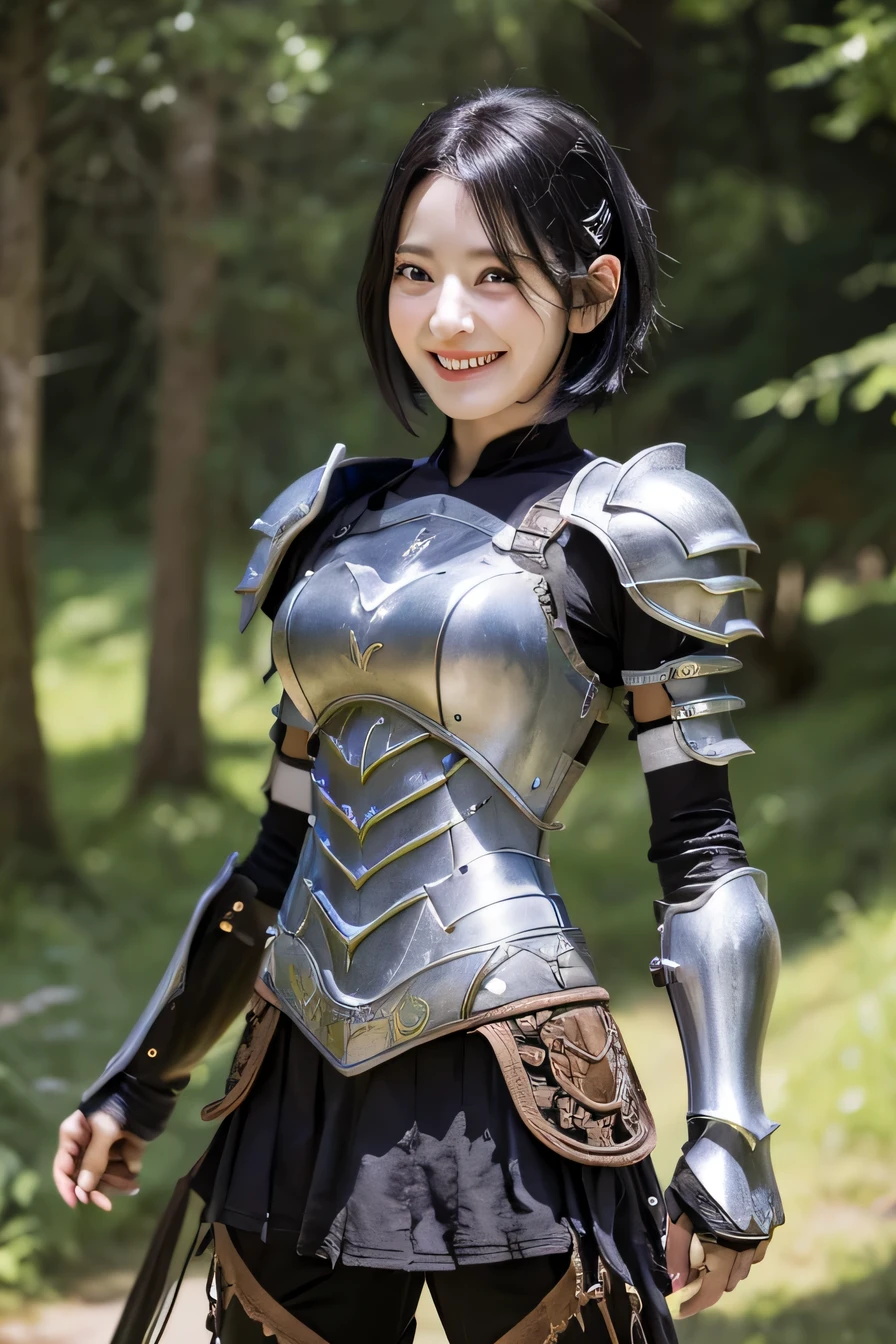 highest resolution, 4k, masterpiece: 1.3), japanese mature, women pictures, sexy, fine eyes, slender body shape, realistic teeth, double eyelid, full body, highest quality, get used to it, equipped with armor, in a fantasy world, The background is a castle、black hair、smile、beautiful teeth、luxurious silver armor、heavy equipment、full body photo、Hold your weapon、hairstyle short cut、