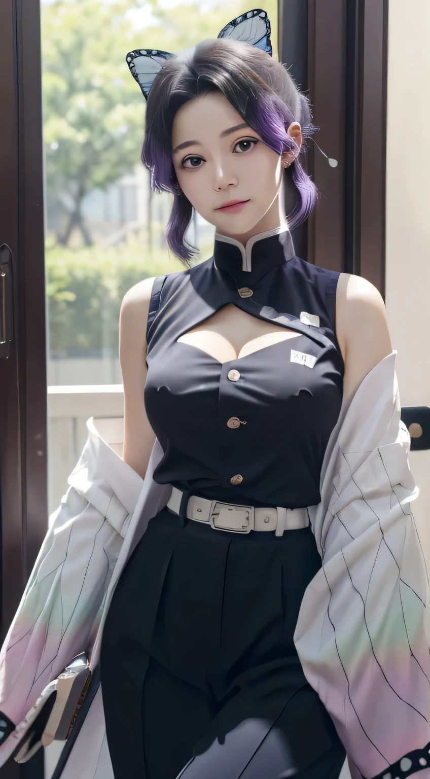 Ultra-realistic 8k CG,master piece,((super detailed background,delicate pattern,intricate details)),best quality,very very detailed face,Highly detailed eyes and face,very fine eyes,kochou shinobu,colorful hair,No bangs,hair intake,purple eyes,amount,black shirt,black pants suit,Haori,butterfly,button,band,(hot band botanical garden:1.2),purple flowers,Chibi,mostly cloudy null,Light of the sun,Tyndall effect,Slope_null,face,beautiful null,Saber on my waist,seductive posture,(big breasts),(cleavage),(off shoulder outfit:1.3)