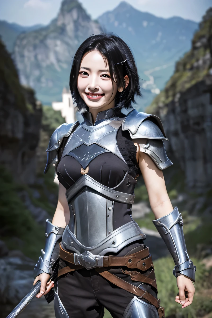 highest resolution, 4k, masterpiece: 1.3), japanese mature, women pictures, sexy, fine eyes, slender body shape, realistic teeth, double eyelid, full body, highest quality, get used to it, equipped with armor, in a fantasy world, The background is a castle、black hair、smile、beautiful teeth、luxurious silver armor、heavy equipment、full body photo、Hold your weapon、hairstyle short cut、