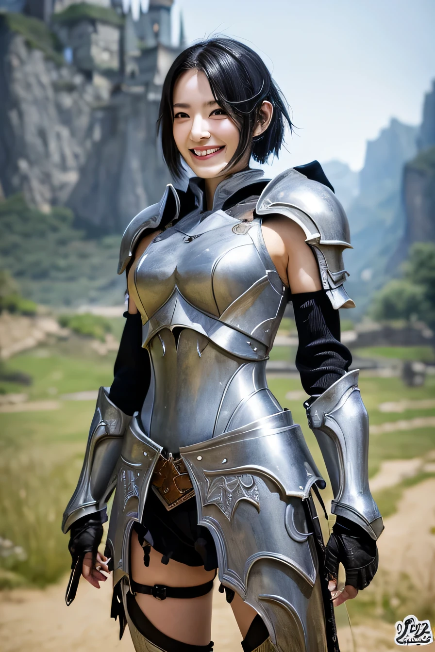 highest resolution, 4k, masterpiece: 1.3), japanese mature, women pictures, sexy, fine eyes, slender body shape, realistic teeth, double eyelid, full body, highest quality, get used to it, equipped with armor, in a fantasy world, The background is a castle、black hair、smile、beautiful teeth、luxurious silver armor、heavy equipment、full body photo、Hold your weapon、hairstyle short cut、