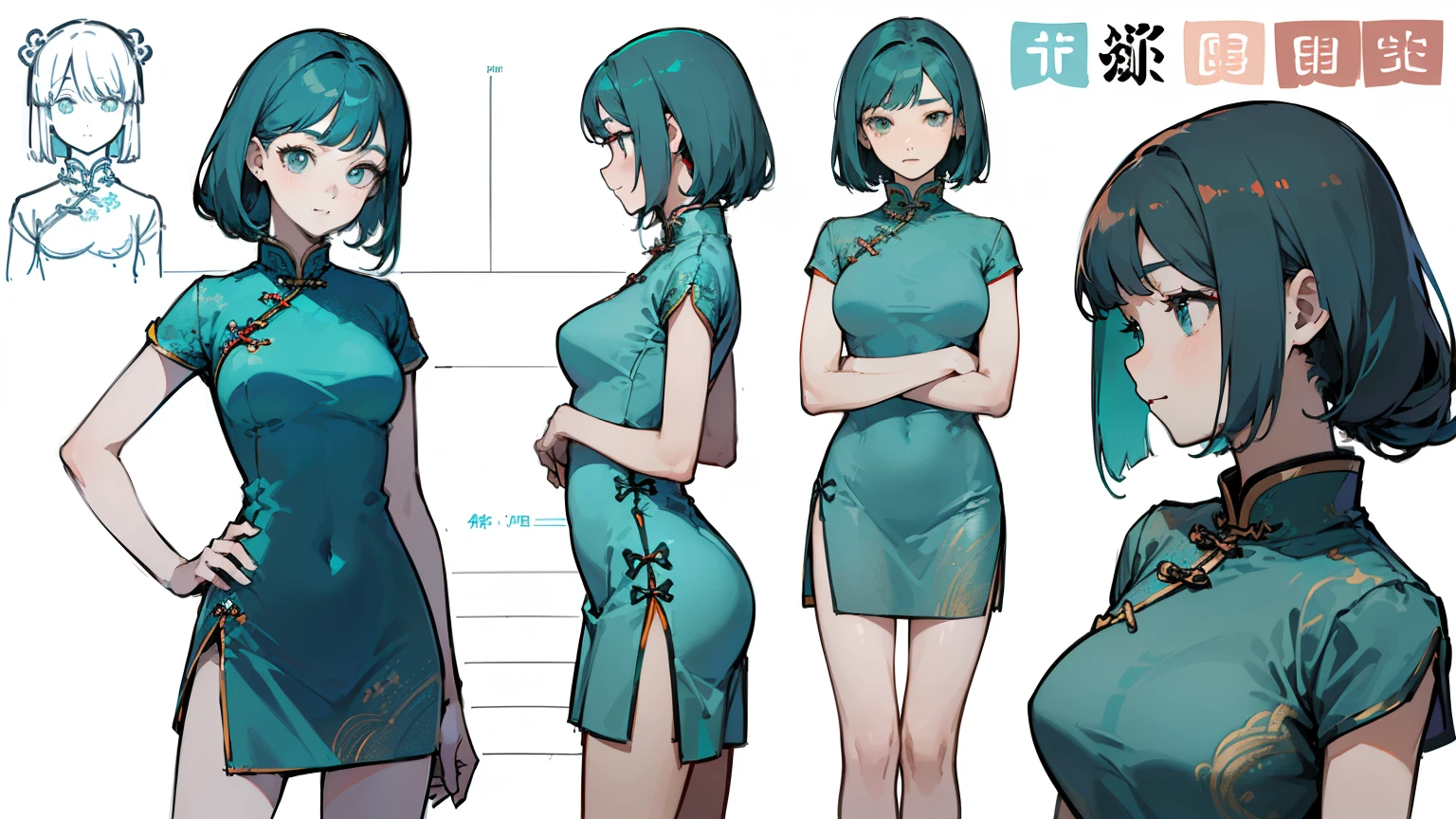 ((highest quality)), ((masterpiece)), ((realistic)) 19 years old, redhead girl, shoulder length hair, relaxed and happy face ((thin)) (Big breasts), ((( Chinese dress turquoise blue short dress))) (((mini skirt))) ((sexy dress)) Odango hairstyle (((detailed character sheet, Front view, Side view, 3/4 view))) (((white background))) 6 and a half whole bodies