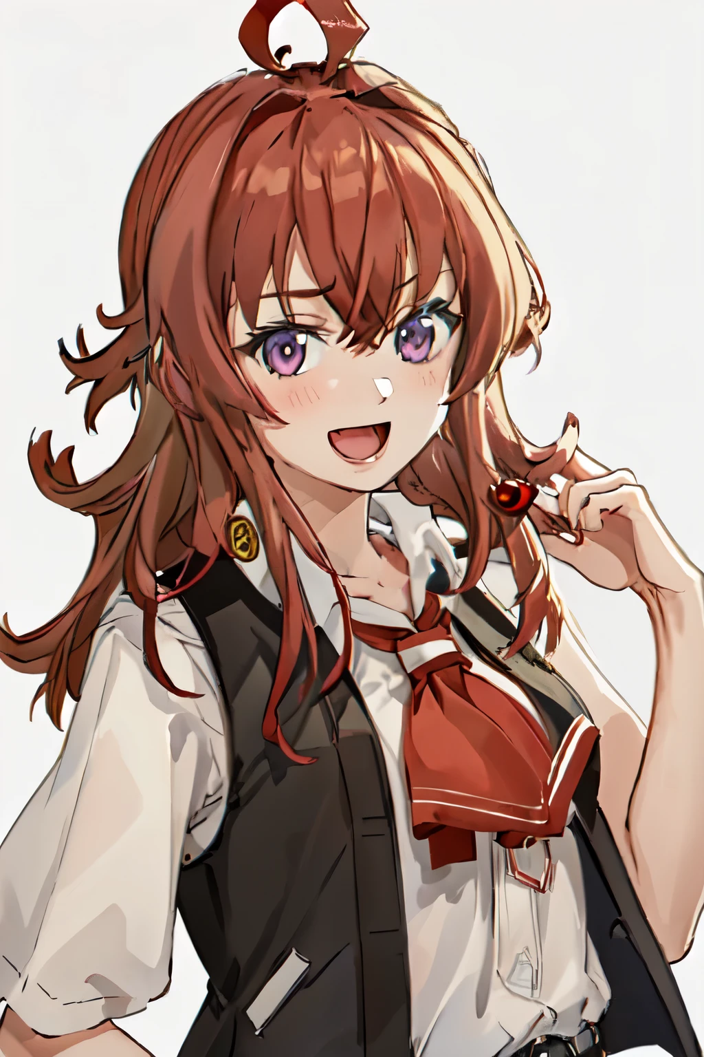 highest quality, masterpiece, High resolution, 一人in, {arashi_Fleet Collection:1.15}, length_hair, red_hair, One_~ side_superior, Ahoge, Brown_eye, red面, ribbon, red_ribbon, vest, head_ribbon, smile, chest, black_vest, blouse, Open_mouth, 1 girl, alternine_costume, collarbOne, looking for_in_viewer, simple_background, Jacket, purple_eye, short sleeve shirt, white_background, :d, Open_Clothes