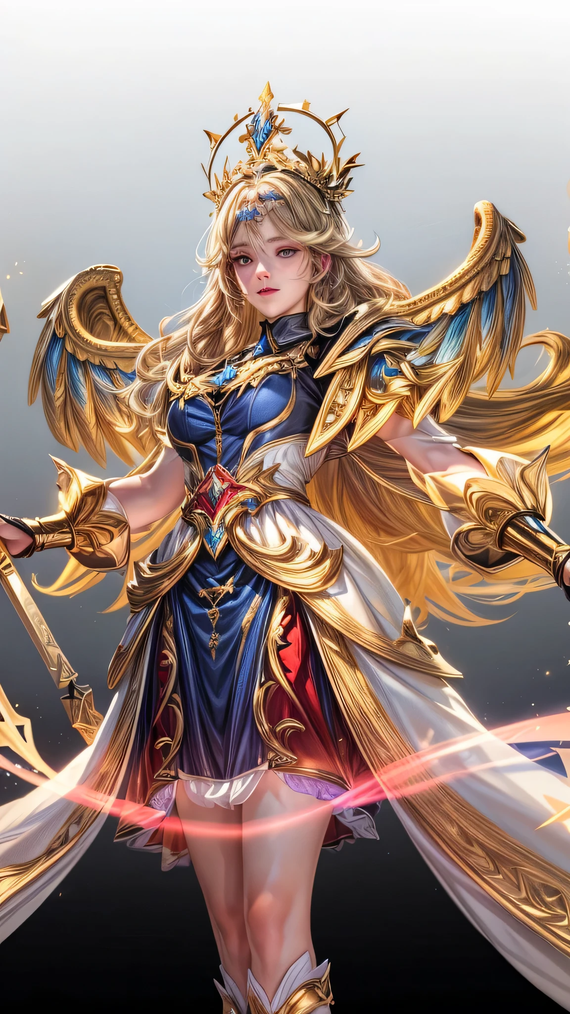 Best quality, masterpiece, ultra high res, (photorealistic:1.4), 1girl wearing a crown , yellow eyes, blonde hair, gold and blue wings, professional lightning, sharp focus, deep shadow, (extremely detailed CG unity 4k fhd wallpaper), 8k.