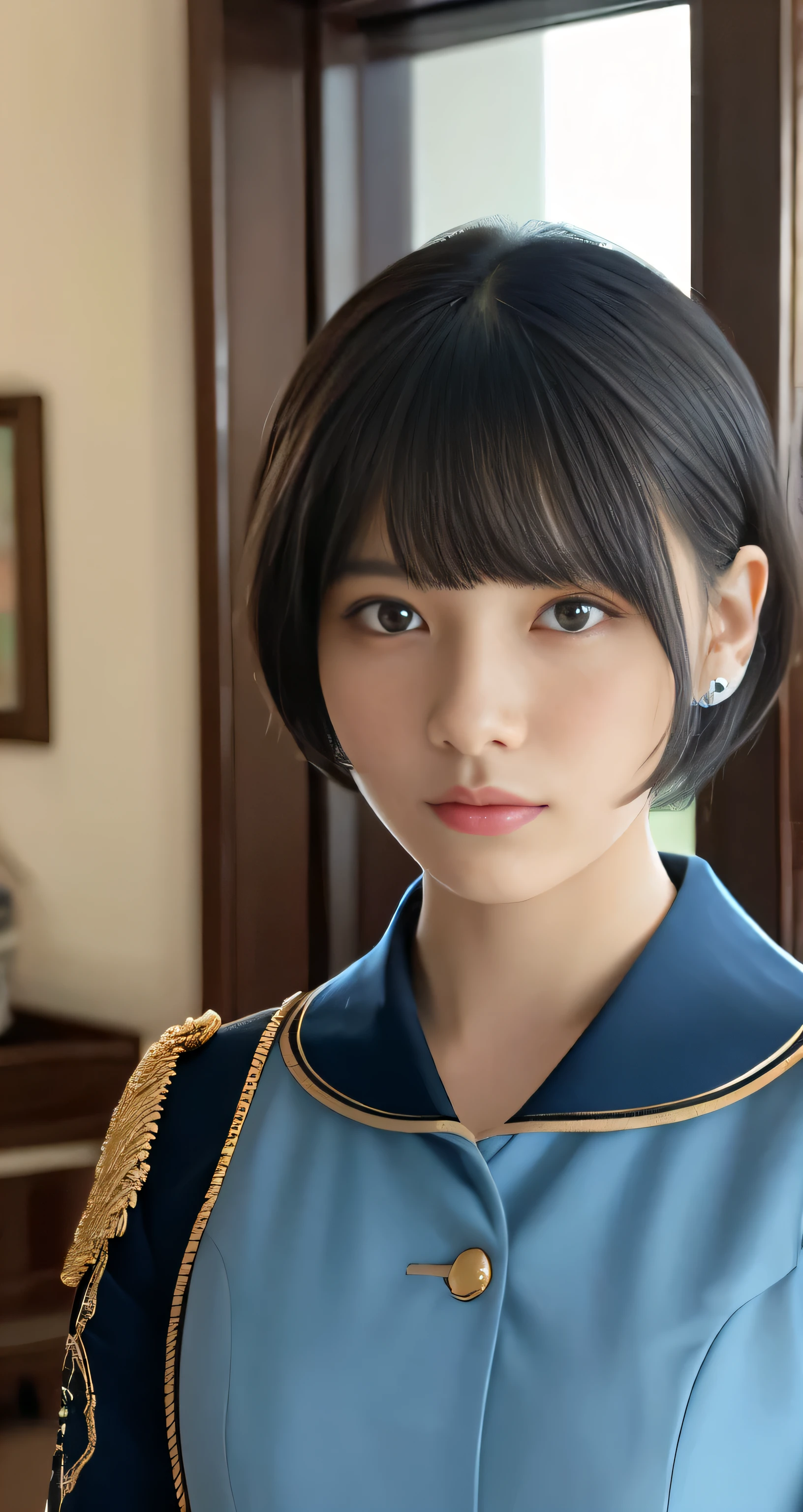 highest quality、solo presentation、one mature woman、masterpiece、Intricately detailed semi-realistic rendering、black short hair、bangs that frame the face、Exquisite facial features with a calm, yet authoritative and powerful expression、18-year-old、Calm demeanor、indoor background、High resolution、Wearing a light blue military uniform with a clear image。