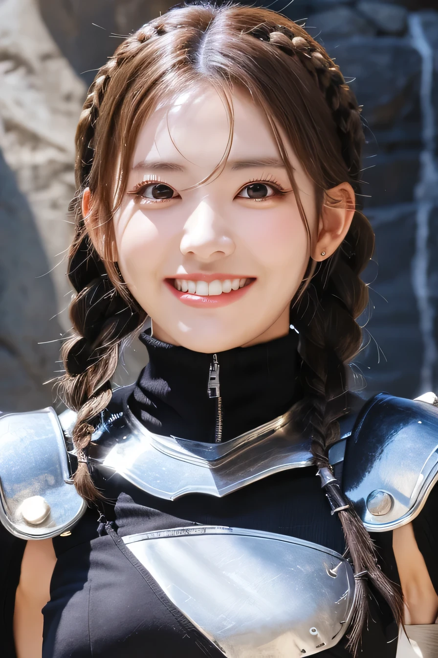 highest resolution, 4k, masterpiece: 1.3), japanese mature, women pictures, sexy, fine eyes, slender body shape, realistic teeth, double eyelid, full body, highest quality, get used to it, equipped with armor, in a fantasy world, The background is a castle、black hair、smile、beautiful teeth、luxurious silver armor、heavy equipment、full body photo、Hold your weapon、Hairstyle braid
