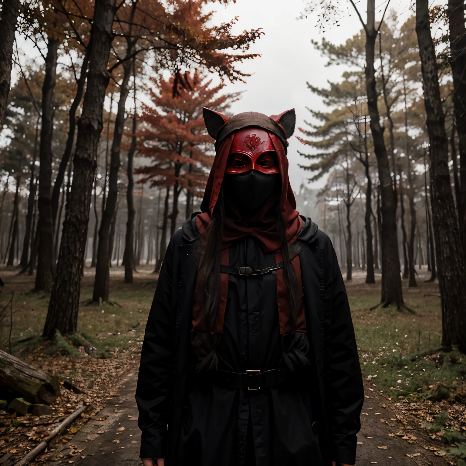 Blood red forest with a figure wearing a black plague mask