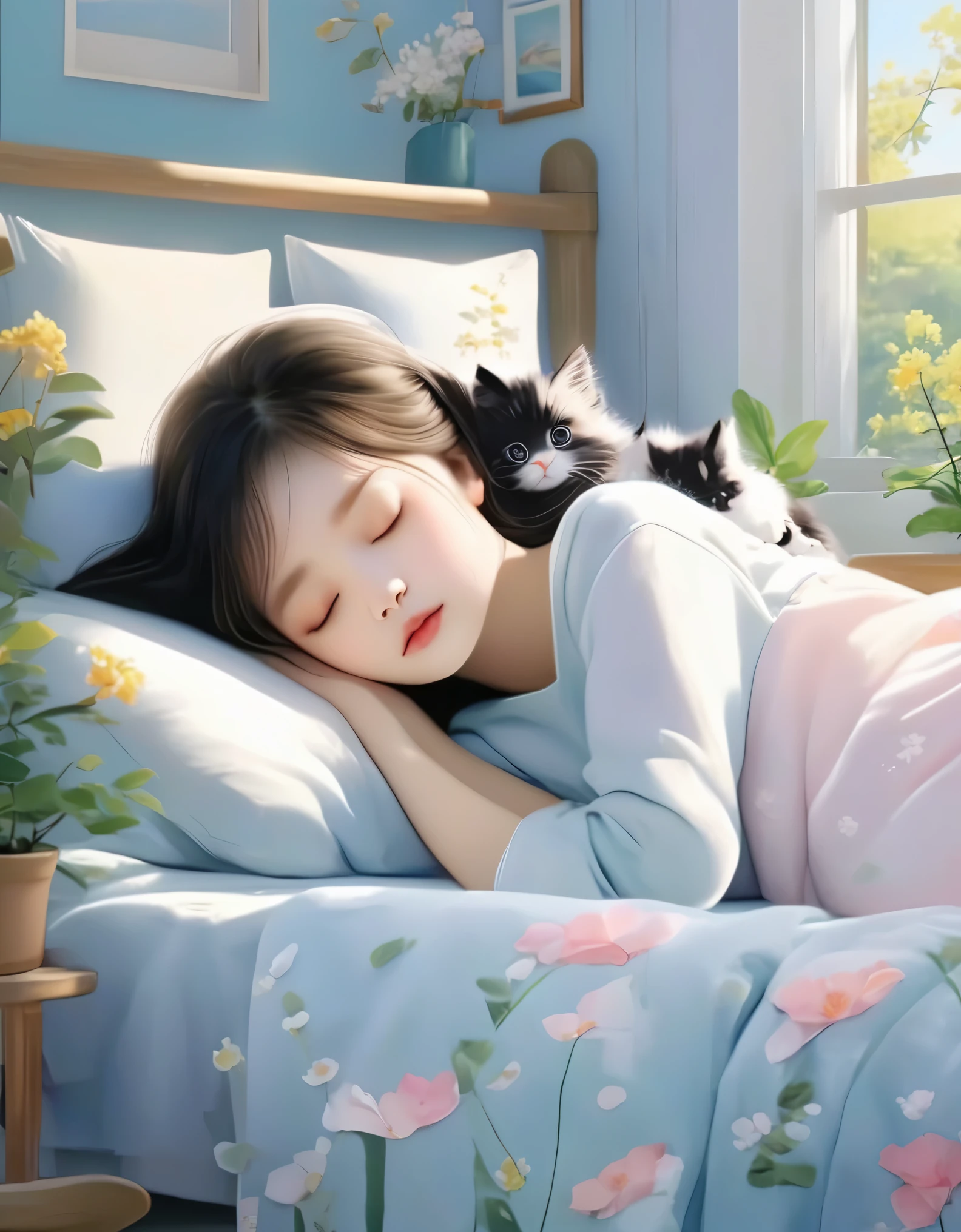 (Best Quality,4K,8K,HD,Masterpiece:1.2),Super Detailed,Realistic:1.37,Illustration,Studio Ghibli Inspired,Bed Scene,(Girl lazily nestled on the bed with her arms around a lazy cat sleeping with her eyes closed),Spring Morning,Laziness,Cute,Detailed Eyes,Black Hair,(Highlighting the expression of the girl's fleshy and detailed small lips),Reluctant,Wants to Sleep,Spring Essence,Butterflies fluttering,Spring Flower Tree,Spring Flowers,Bright Colors,Warm Sunshine,Soft Lighting,Cozy Atmosphere,Energetic,Youthful.