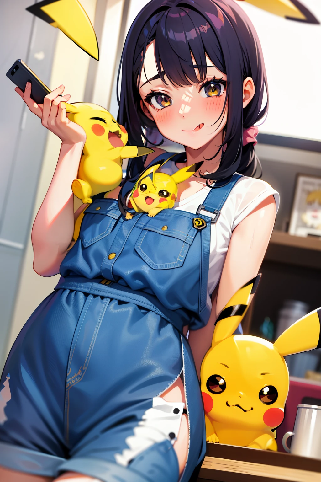 Adorable girl, playfully engaging with a Pikachu, pikachu sitting on her shoulder, blushing cheeks, tongue stuck out in delight, masterpiece, best quality, highly detailed.