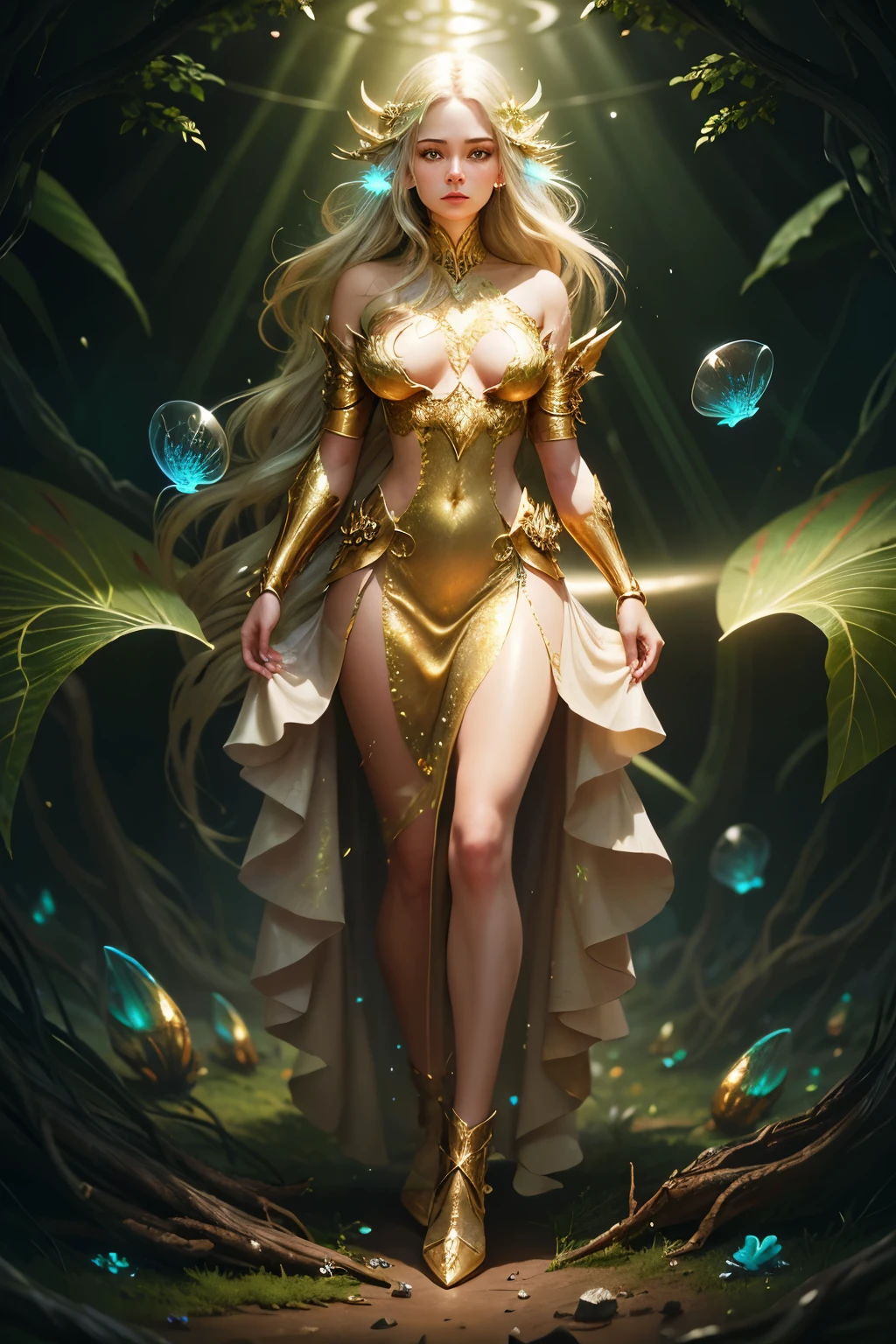 Guardian of the Enchanted Grovean armored woman with iridescent, wing-like pauldrons, standing tall amidst an ethereal grove of towering, luminescent mushrooms, the forest floor covered in sparkling dewdrops, a mystical aura emanating from her presence, the air filled with a soft, golden glow, captured through a hyper-realistic digital painting with a focus on intricate details and a seamless blend of natural and magical elements, rendered using a combination of Blender and Photoshop.