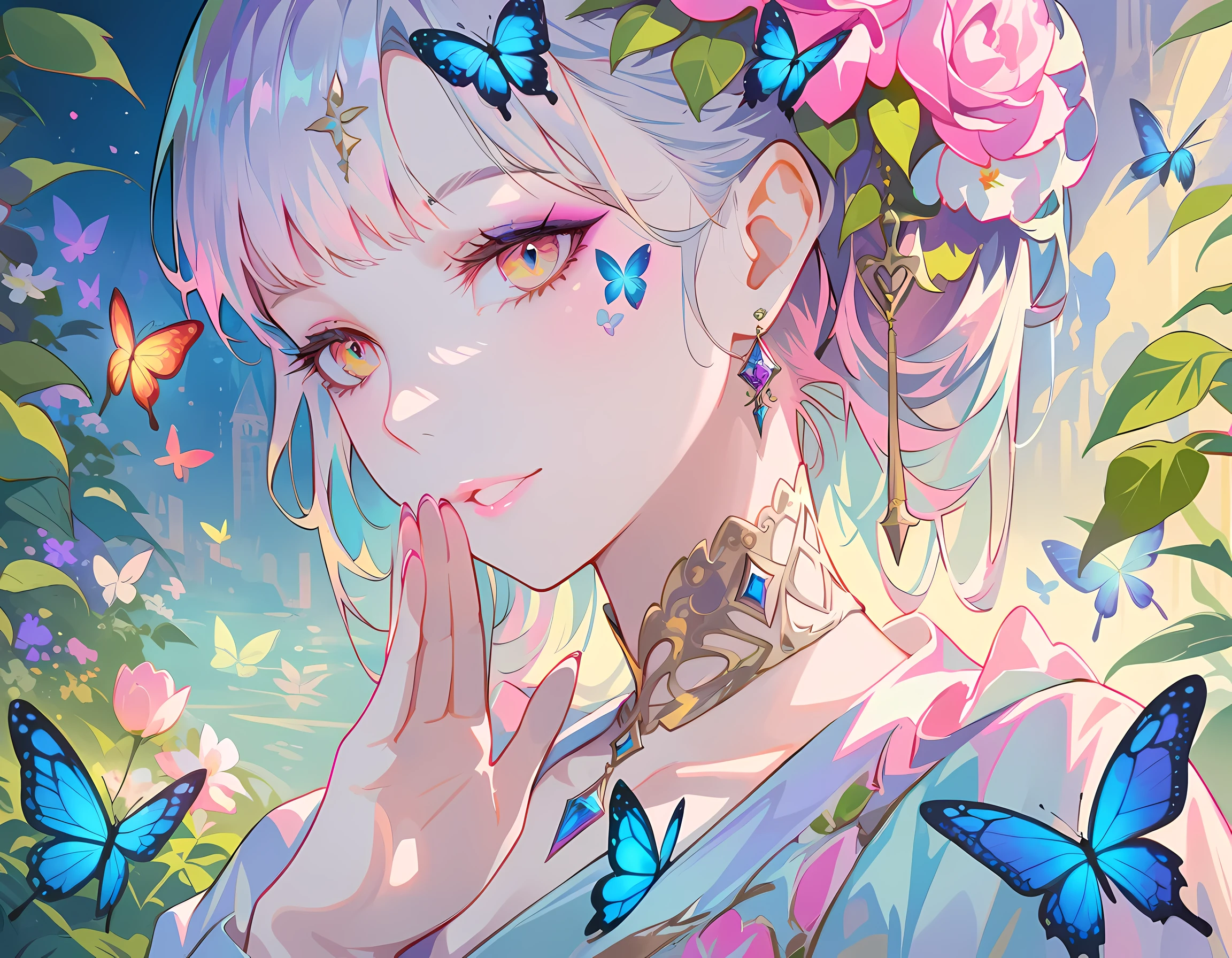 (best quality,high-res,4k,ultra-detailed),luscious lips,elegant pose,vibrant colors,soft lighting,portrait style,surreal atmosphere,romantic garden,beautiful flowers,peaceful ambiance,colorful butterflies,subtle shadows,delicate details,ethereal glow,serene beauty,feminine charm,whispering breeze,sparkling sunlight,golden hour,magic in the air, dreamlike scenery, graceful movements, enchanting expression, captivating gaze, timeless beauty, tranquility, eternal bliss, mystic enchantment, ethereal presence, harmonious serenity, mesmerizing allure, poetic elegance, delicate features, fine art masterpiece,detailed foliage,dreamy atmosphere.