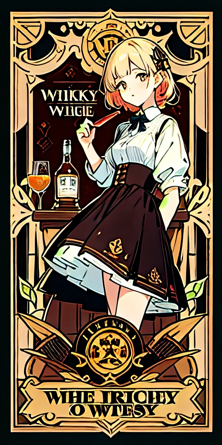 HIGH RESOLUTION Pattern with alcohol motif girl, same type eyes, the text to say "whiskey", girl