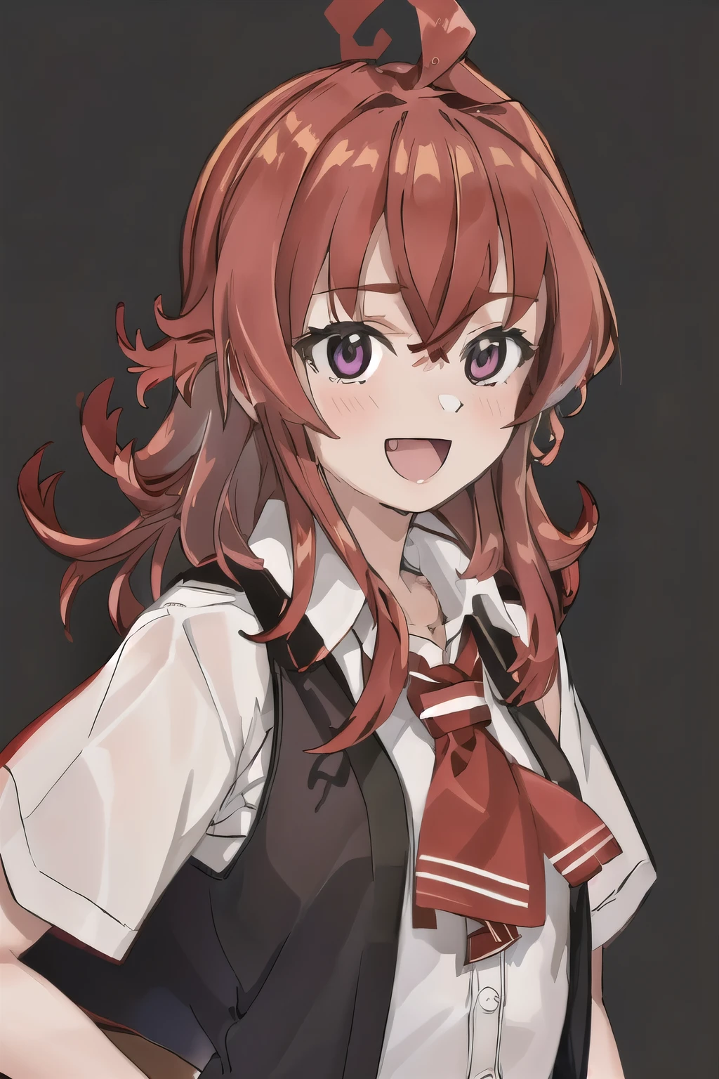 highest quality, masterpiece, High resolution, 一人in, (arashi_Fleet Collection:1.15), length_hair, red_hair, One_~ side_superior, Ahoge, Brown_eye, red面, ribbon, red_ribbon, vest, head_ribbon, light smile, chest, black_vest, blouse, 1 girl, alternine_costume, collarbOne, looking for_in_viewer, simple_background, Jacket, purple_eye, short sleeve shirt, 教室background, :d, Open_Clothes