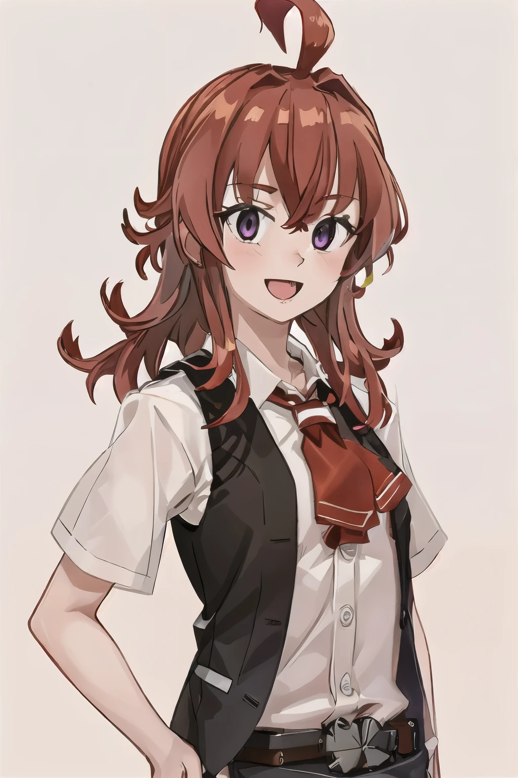 highest quality, masterpiece, High resolution, 一人in, (arashi_Fleet Collection:1.15), length_hair, red_hair, One_~ side_superior, Ahoge, Brown_eye, red面, ribbon, red_ribbon, vest, head_ribbon, light smile, chest, black_vest, blouse, 1 girl, alternine_costume, collarbOne, looking for_in_viewer, simple_background, Jacket, purple_eye, short sleeve shirt, 教室background, :d, Open_Clothes